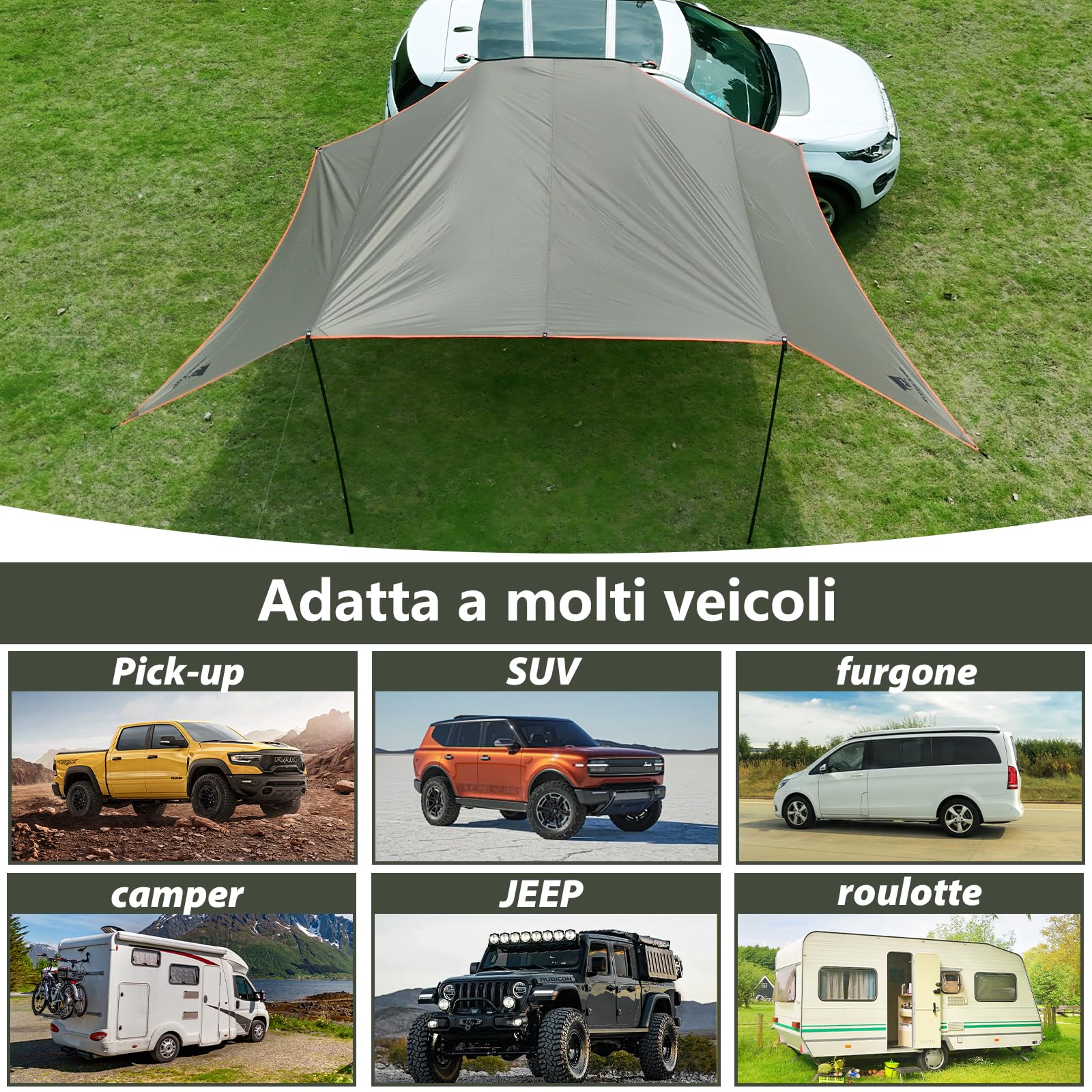 Tenda da Sole Auto GeerTop 3,5 x 5,8 m Impermeabile 3000 mm, Grande Tenda Laterale con 2 Aste, Tettoia Solare Impermeabile per Campeggio Auto, SUV, MPV, Camper