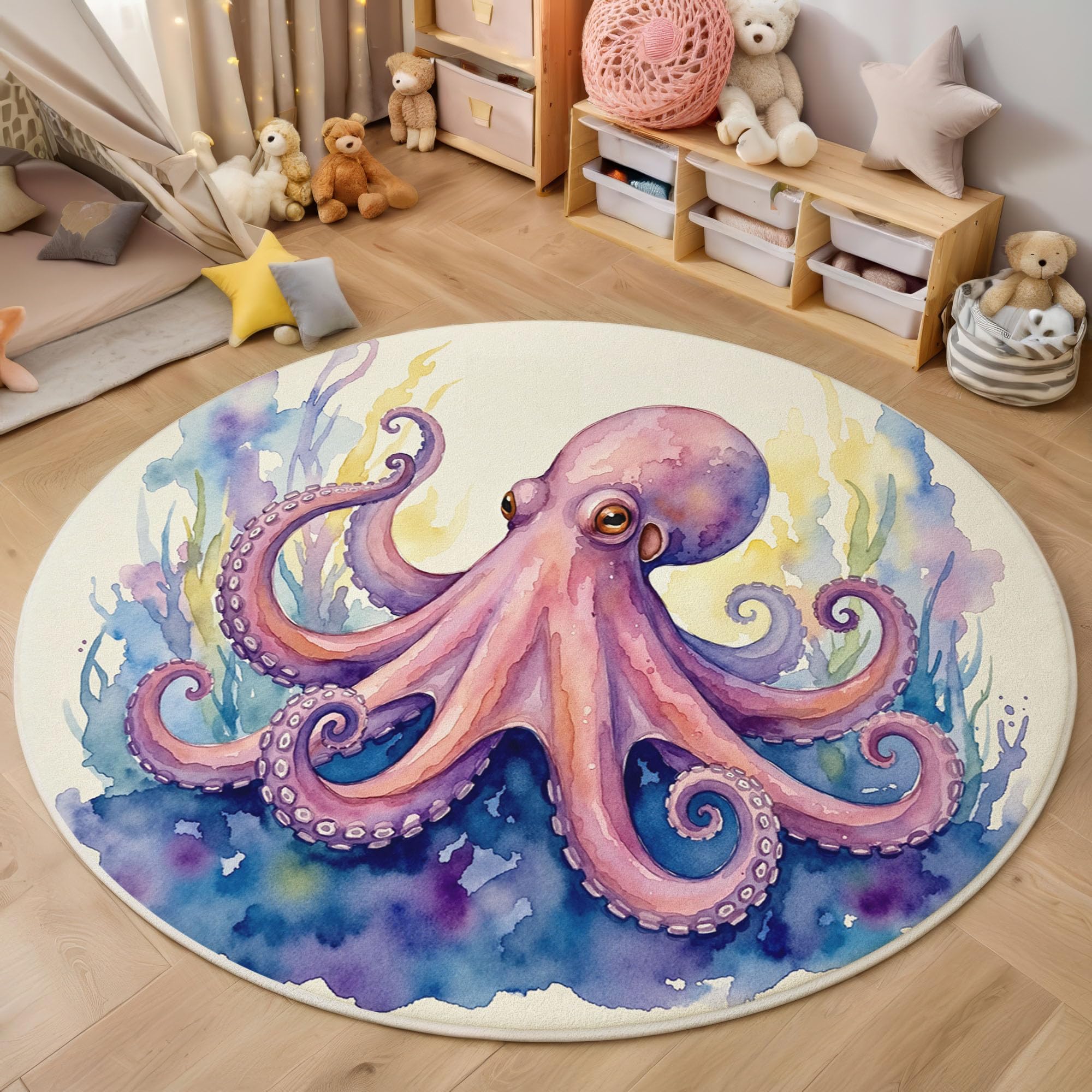 Tapis Rond 160cm Poulpe Algues pour Chambre, Océan Aquarelle Animal Rond Tapis Antidérapant Lavable en Machine Cuisine Salon Adulte Interieur Bureau Cuisine Decoration