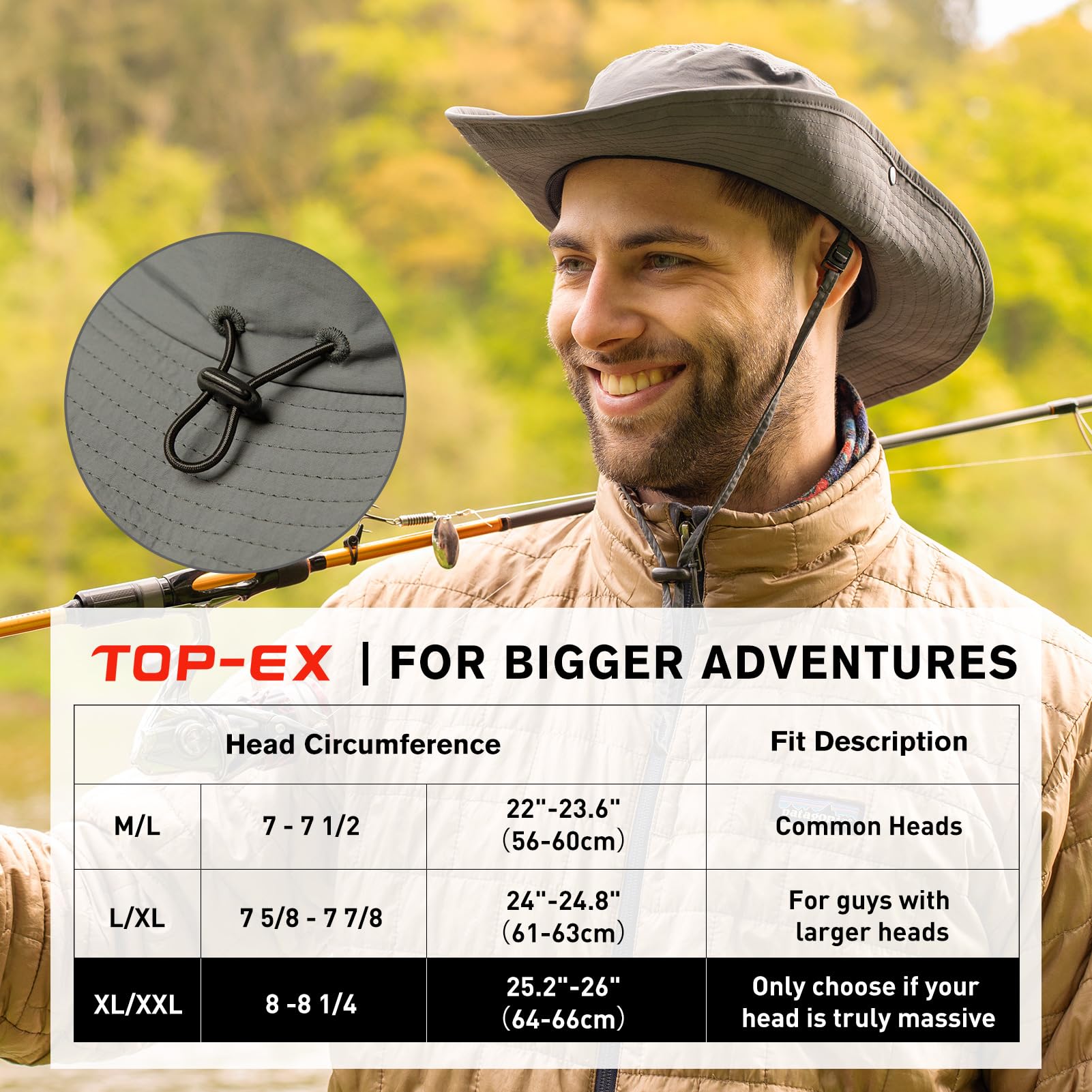 TOP-EX Ponadgabarytowe XL XXL męskie czapki przeciwsłoneczne z wiadrem golfowym duża głowa Boonie Safari szerokie rondo wodoodporne UPF50+ wędkarstwo