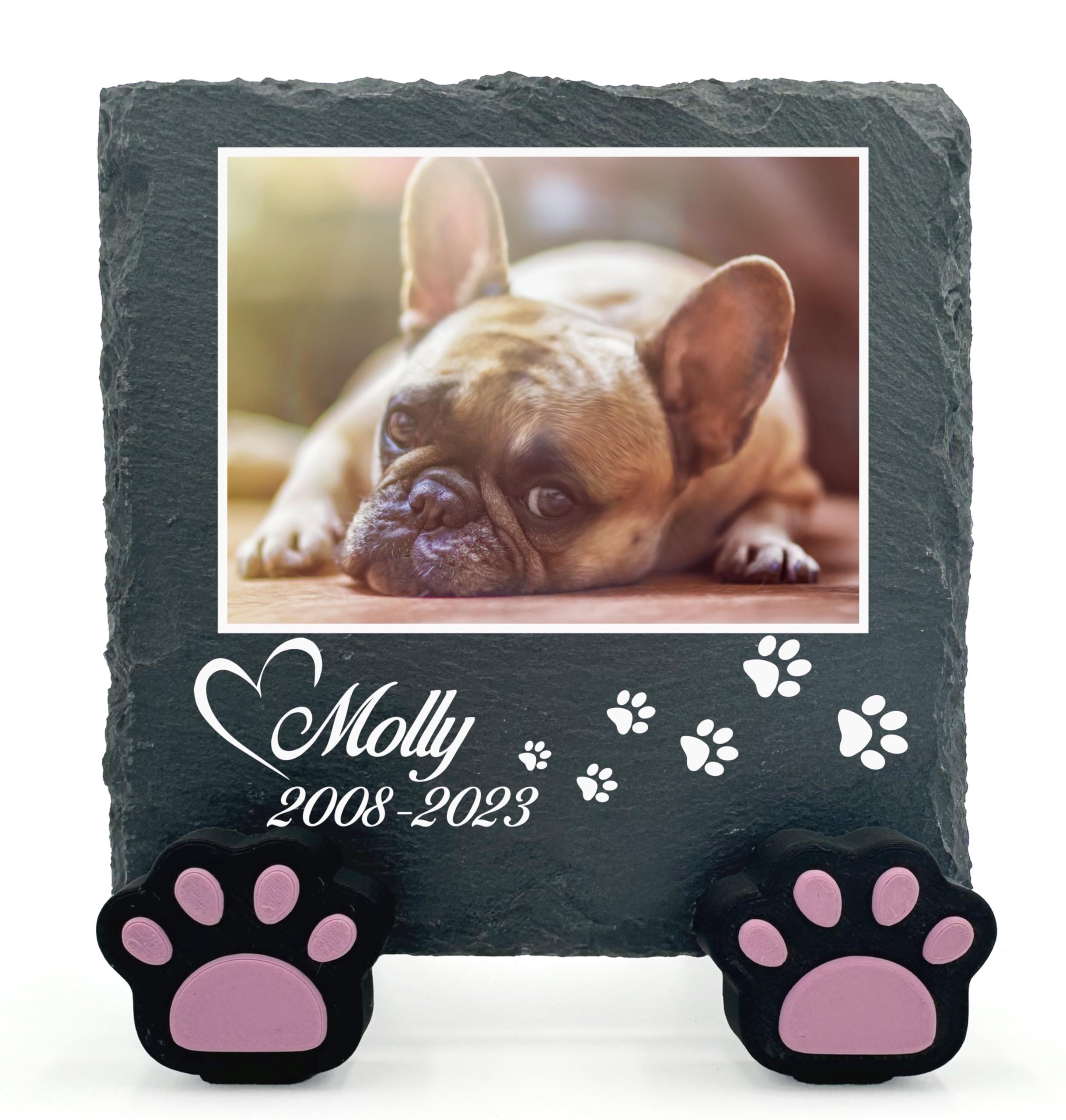 TULLUN Personalised Individual Square Memorial Small Plaque with Paw Stand For Pet Cat Dog Slate Stone Frame Grave Marker - Size 3.94" x 3.94" or 100 x 100 mm - Photo and Paw Print — image 1