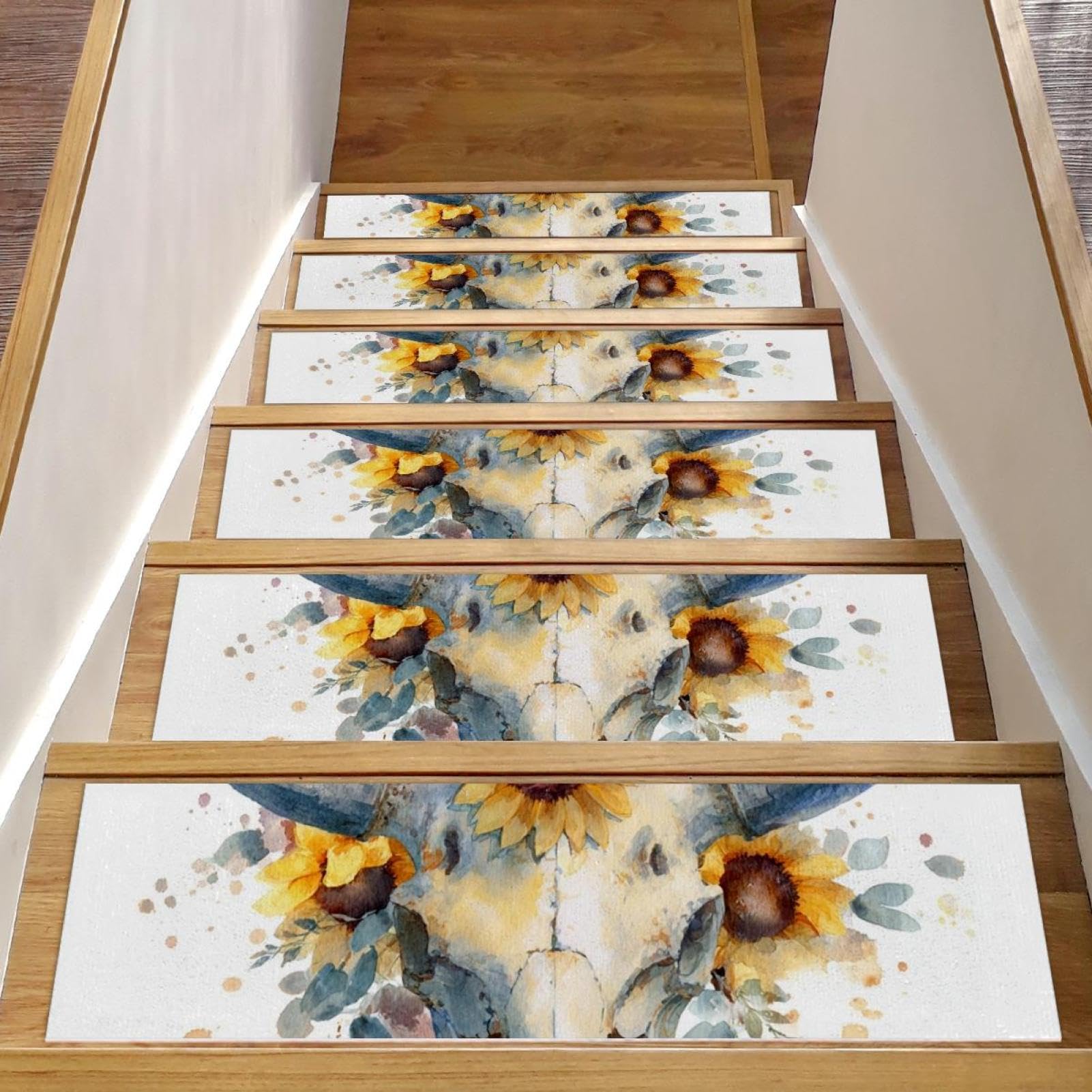 Tapis d'escalier antidérapants lavables motif taureau bohème | Lot de 15 marches