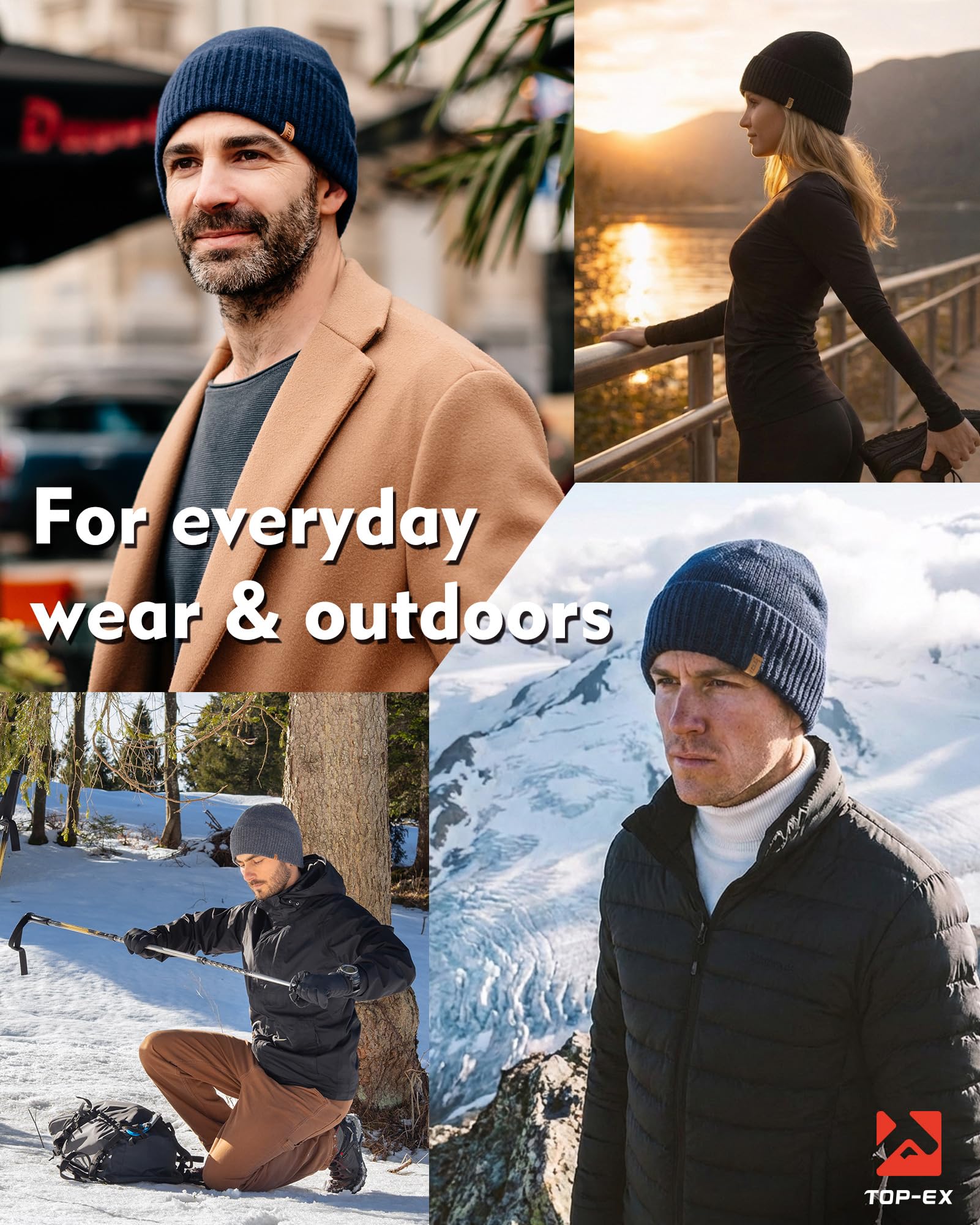 TOP-EX Wintermütze aus 100 % Merinowolle, für Damen und Herren, Polartec-Fleece gefüttert, Thermomütze für kaltes Wetter, Laufen und Golf