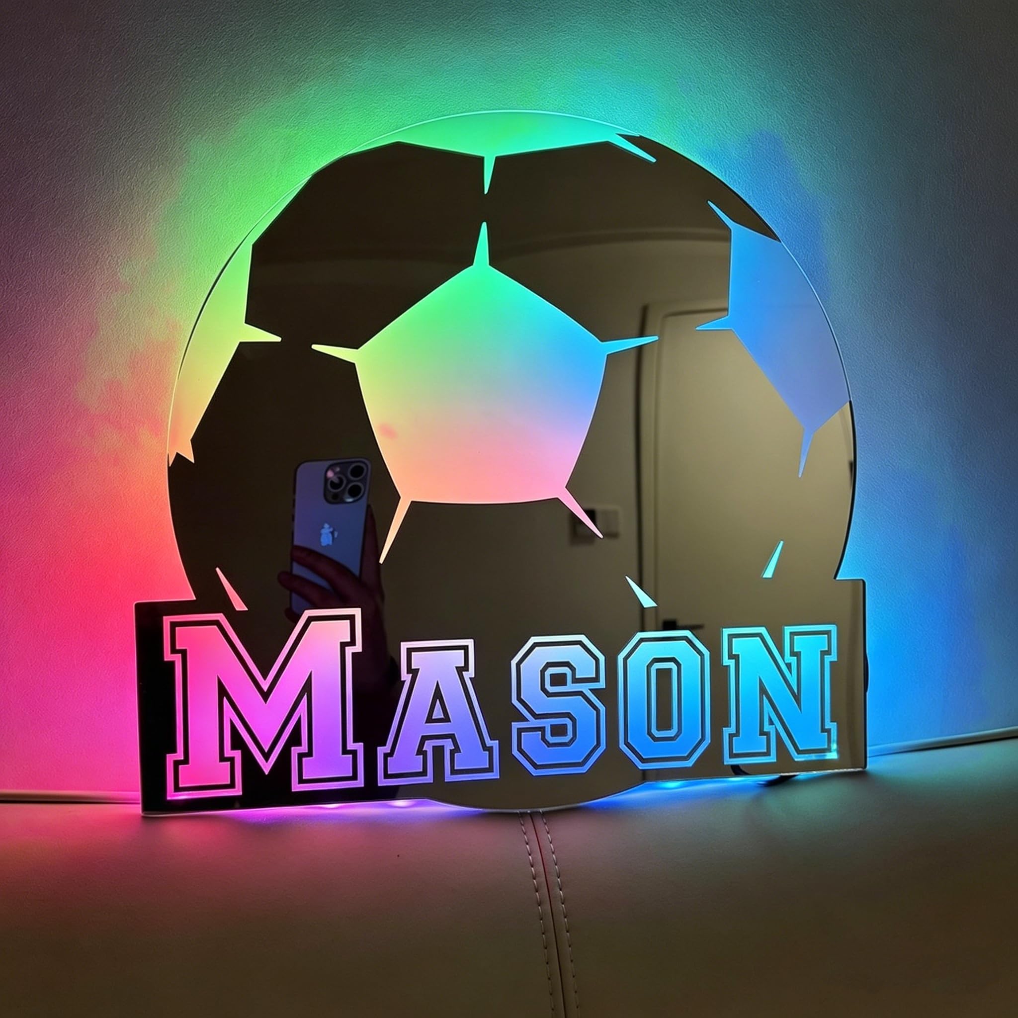 Individuell gestaltbare Fußball-Neonreklame Personalisierter LED Spiegel mit Namen ideal für Jungenzimmer, Bar, Männerhöhle Dimmbares Neonlicht das perfekte Geburtstagsgeschenk für Kinder und Freunde
