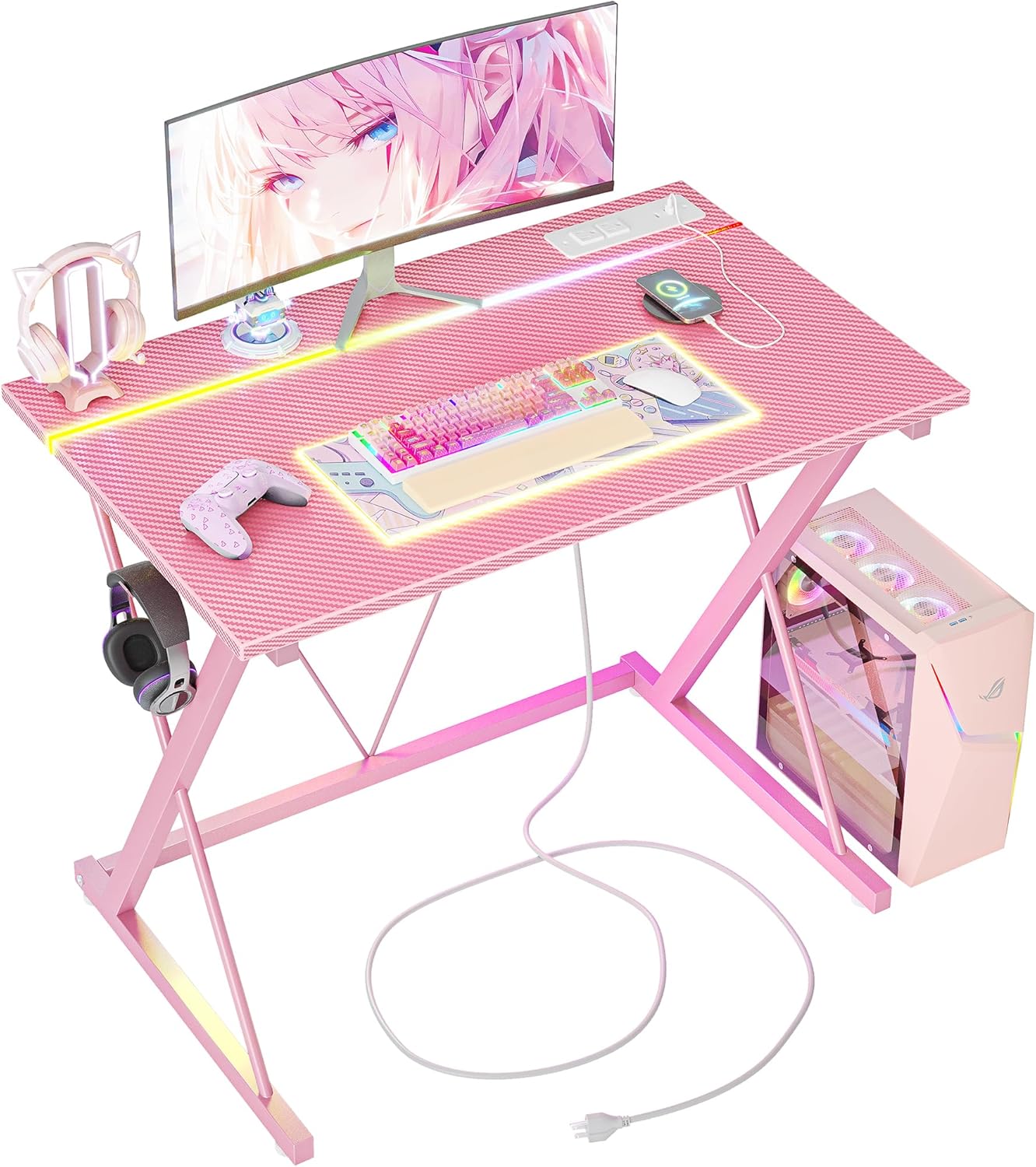 TIQLAB Pink Gaming Desk with Outlets & LED, 32 Inch Ergonomic Carbon Fiber Desk