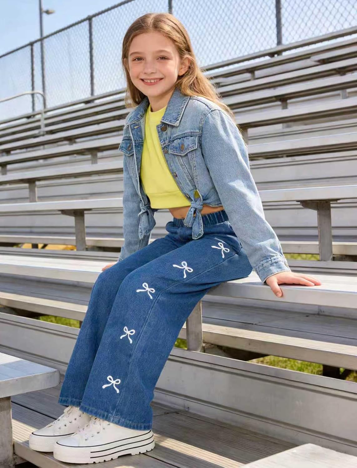 Girls Jeans with White Bow Wide Leg High Waisted Elastic Denim Pants Cute Casual Preppy School Outfit 8-12Y - Image 4