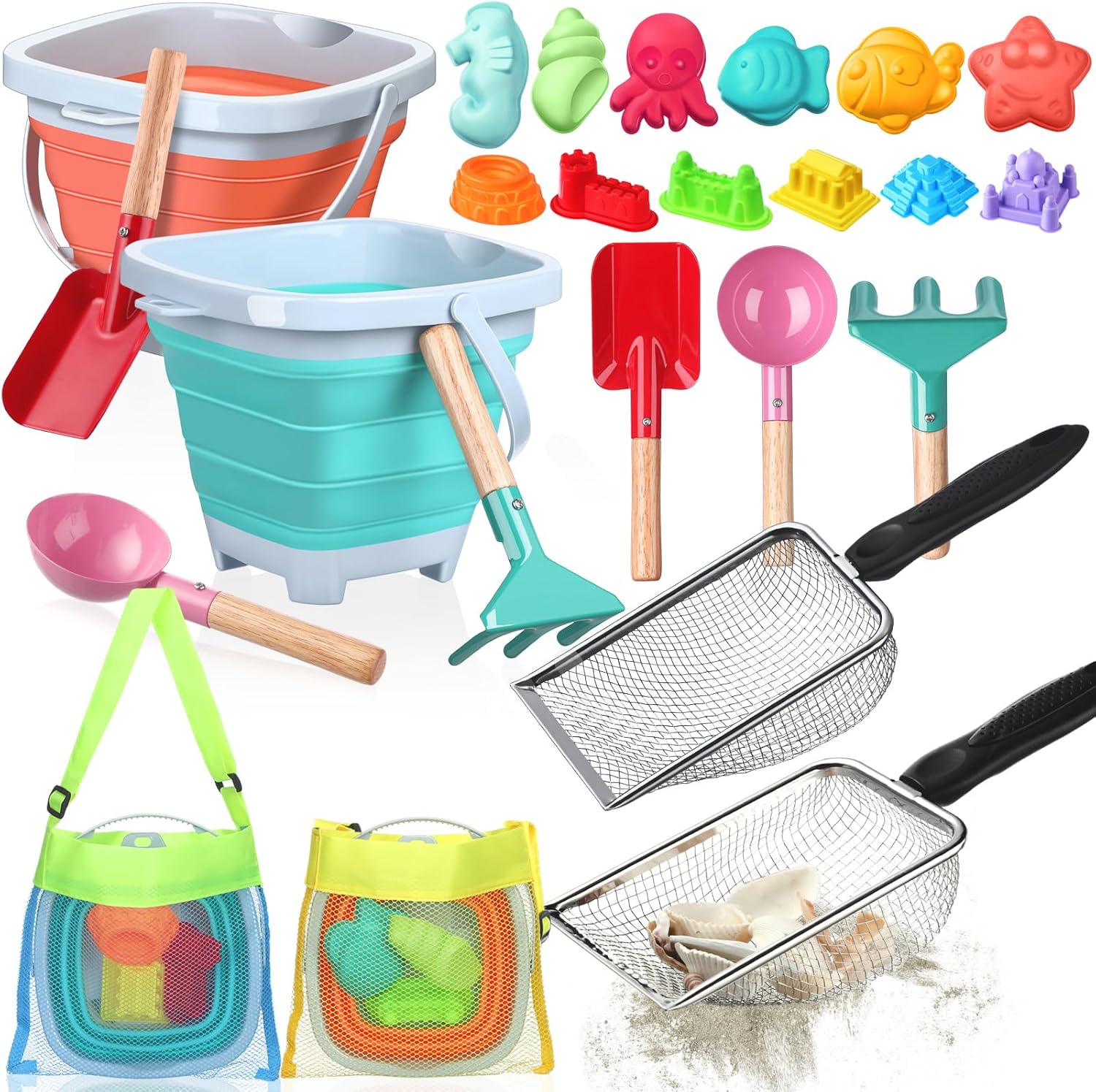 Amazon.com: MiniInflat 24 Pcs Beach Toys Set with 2 Collapsible Beach ...