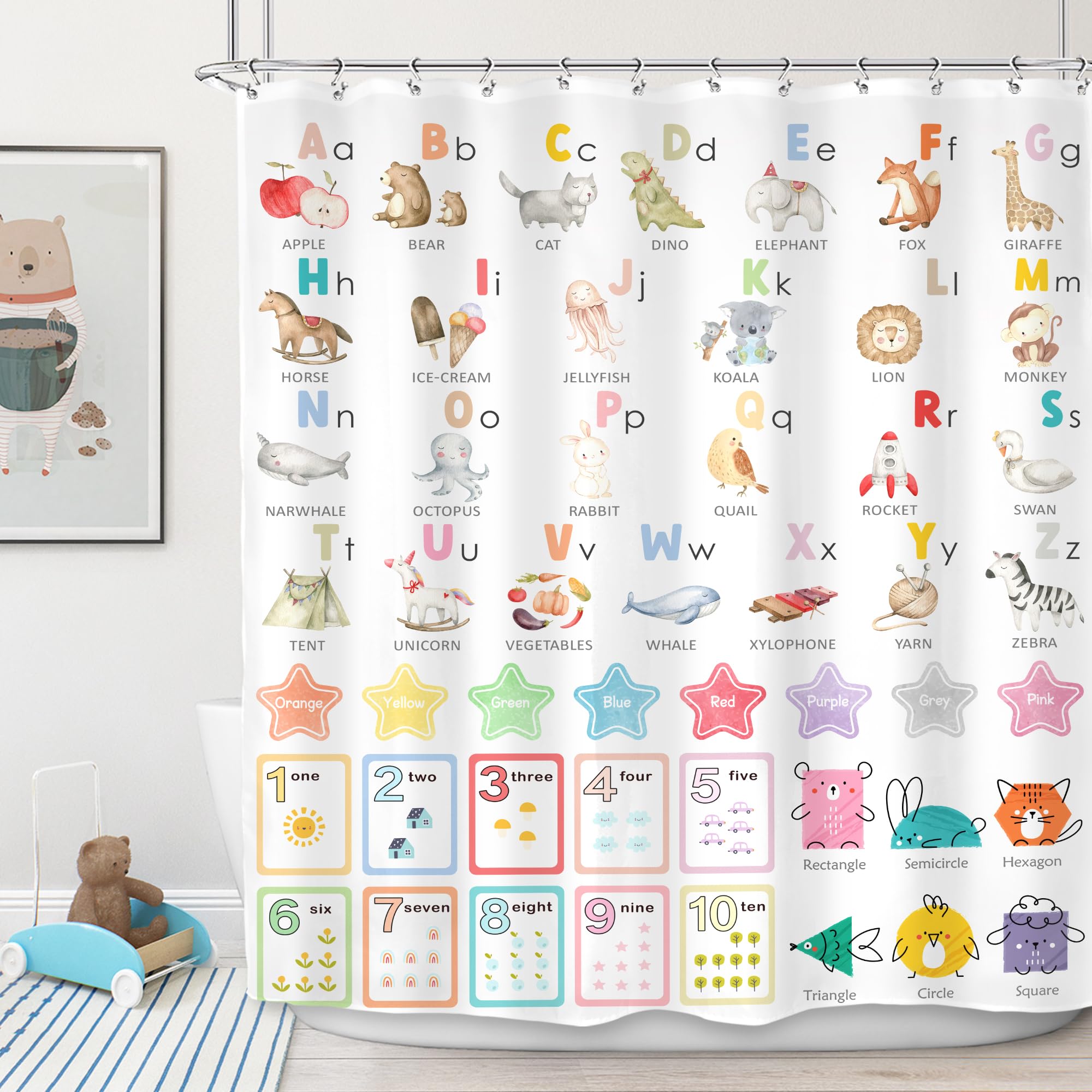 Imirell Kids Alphabet Educational Shower Curtain 60Wx72H Inches Learning Animals Shapes Number Colors Knowledge Boy Girl Child Nursery Lovely Fabric Waterproof Polyester with 12 Pack Hooks Plastic