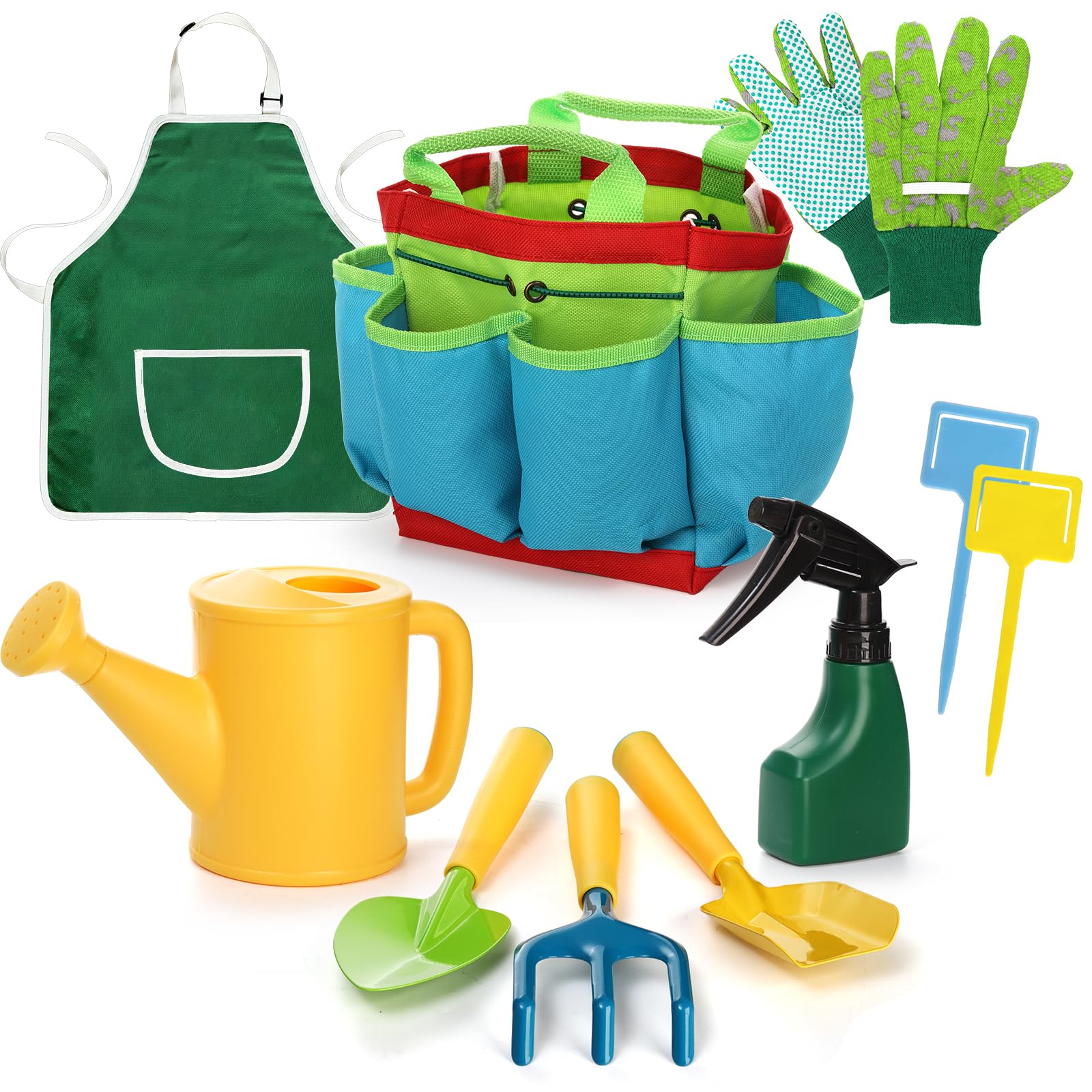 Cididu9PCS Kids Garden Tools Set,Boys Girls Gardening Kit Tools Including Watering Can, Spray Bottle, Tote Bag, Apron, Trowel, Rake, Outdoor Garden Toy Gift for Beach