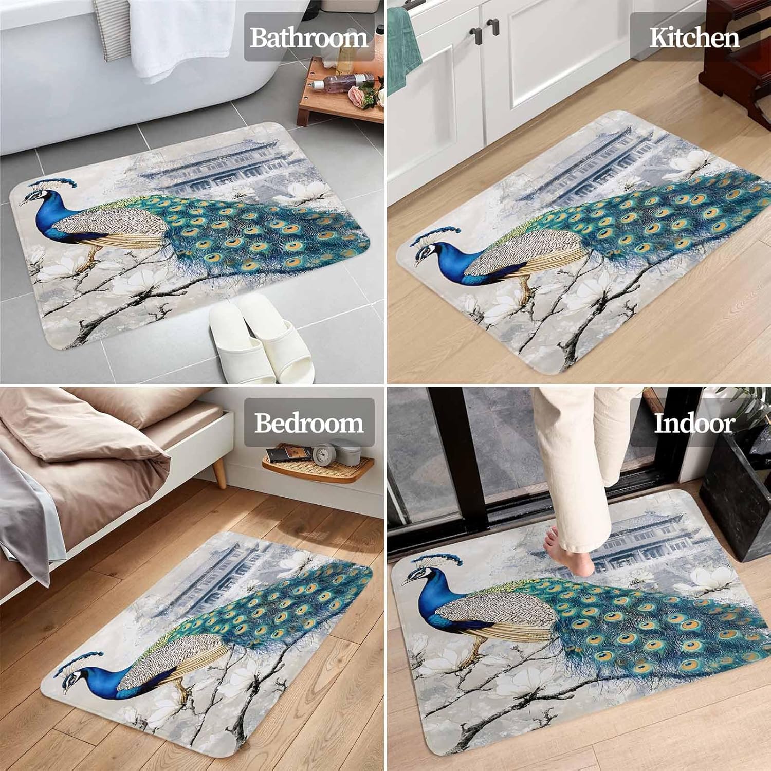 Elegant Peacock Door Mat 18" x 30" Indoor/Outdoor Rug for Entry Way, Vintage Attic Magnificent Feathers Doormat Front Door Rug Welcome Mat, Non Slip Rubber Back Low Profile for Garden Patio