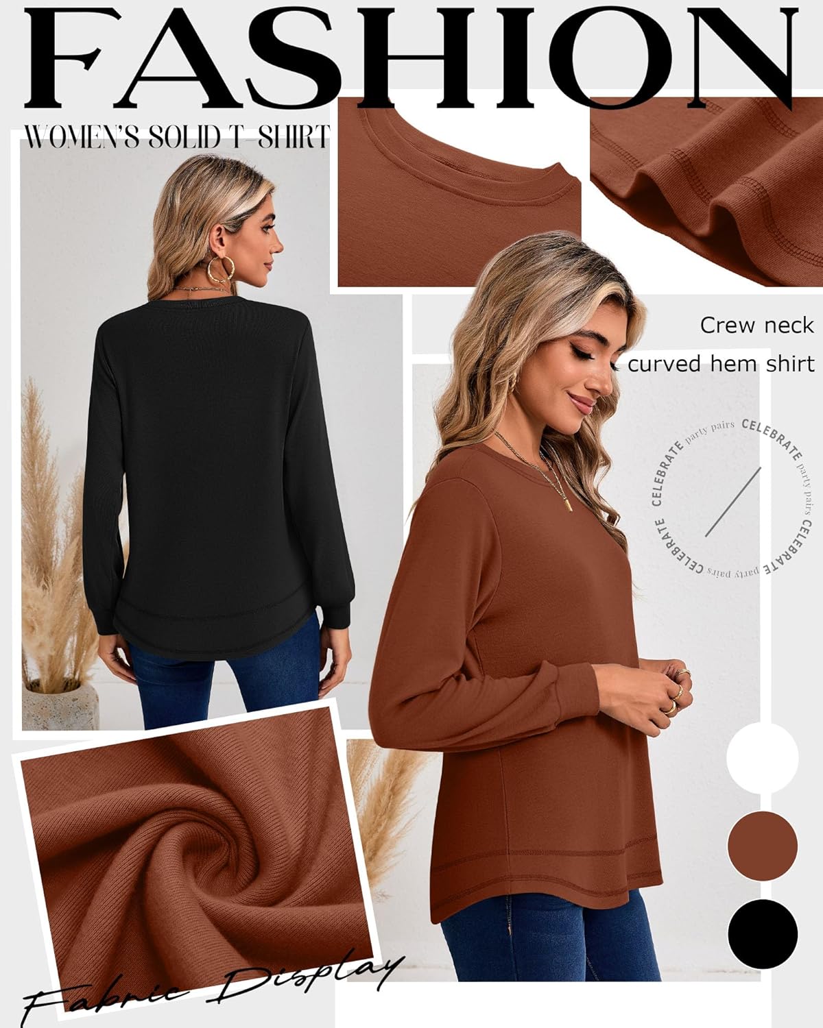 Ficerd 3 Pack Women's Long Sleeve Shirts, Cotton Crew Neck Tunic Tops Casual Loose Fit Pullover Sweatshirts Curved Hem Shirts - Image 4