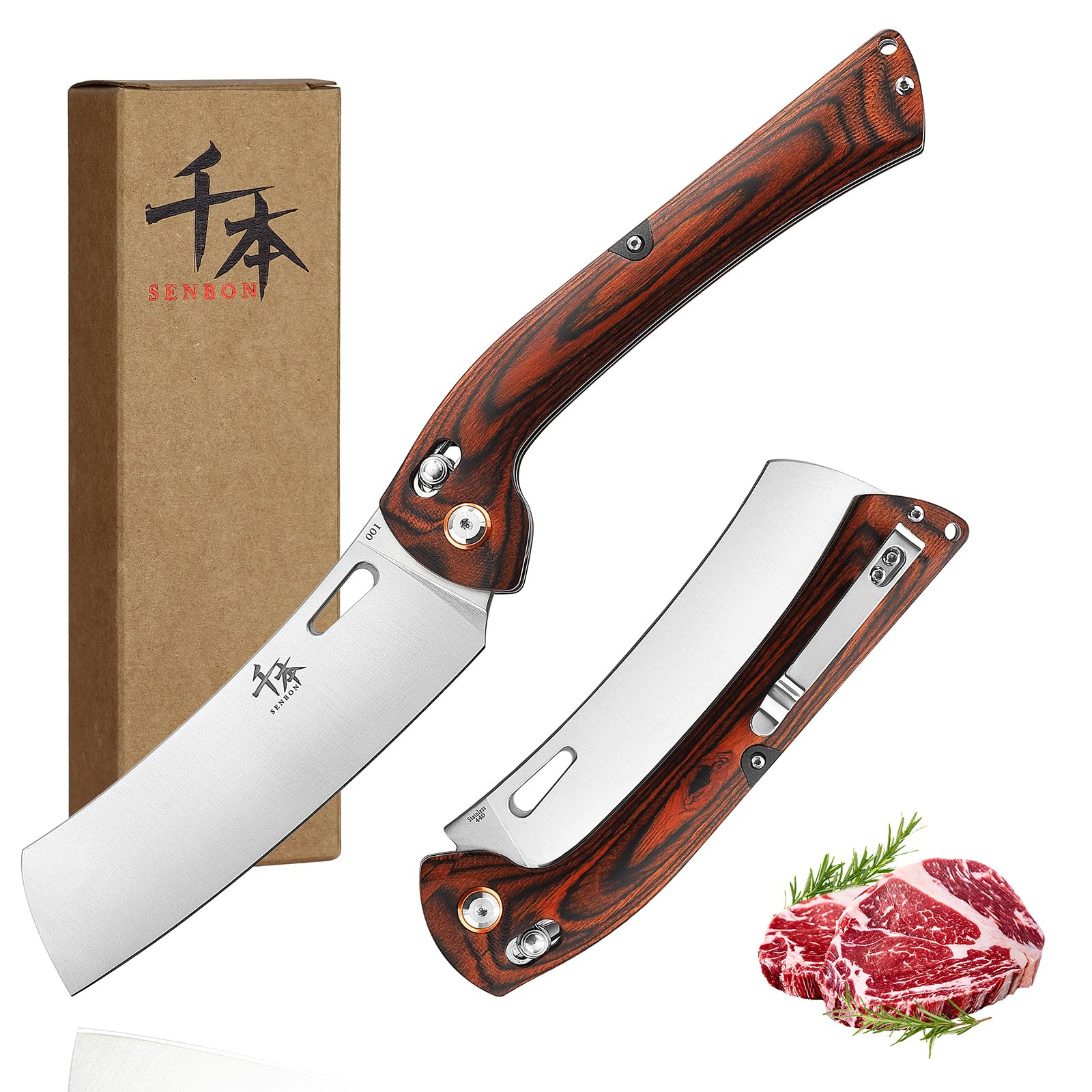 SENBON 440 Stainless Steel Super Sharp Folding Chef Knife Peeling Utility Knife Fruit Knife Colorful Wood Handle Camping Barbecue Outdoor Back Clip Portable Kitchen Knife