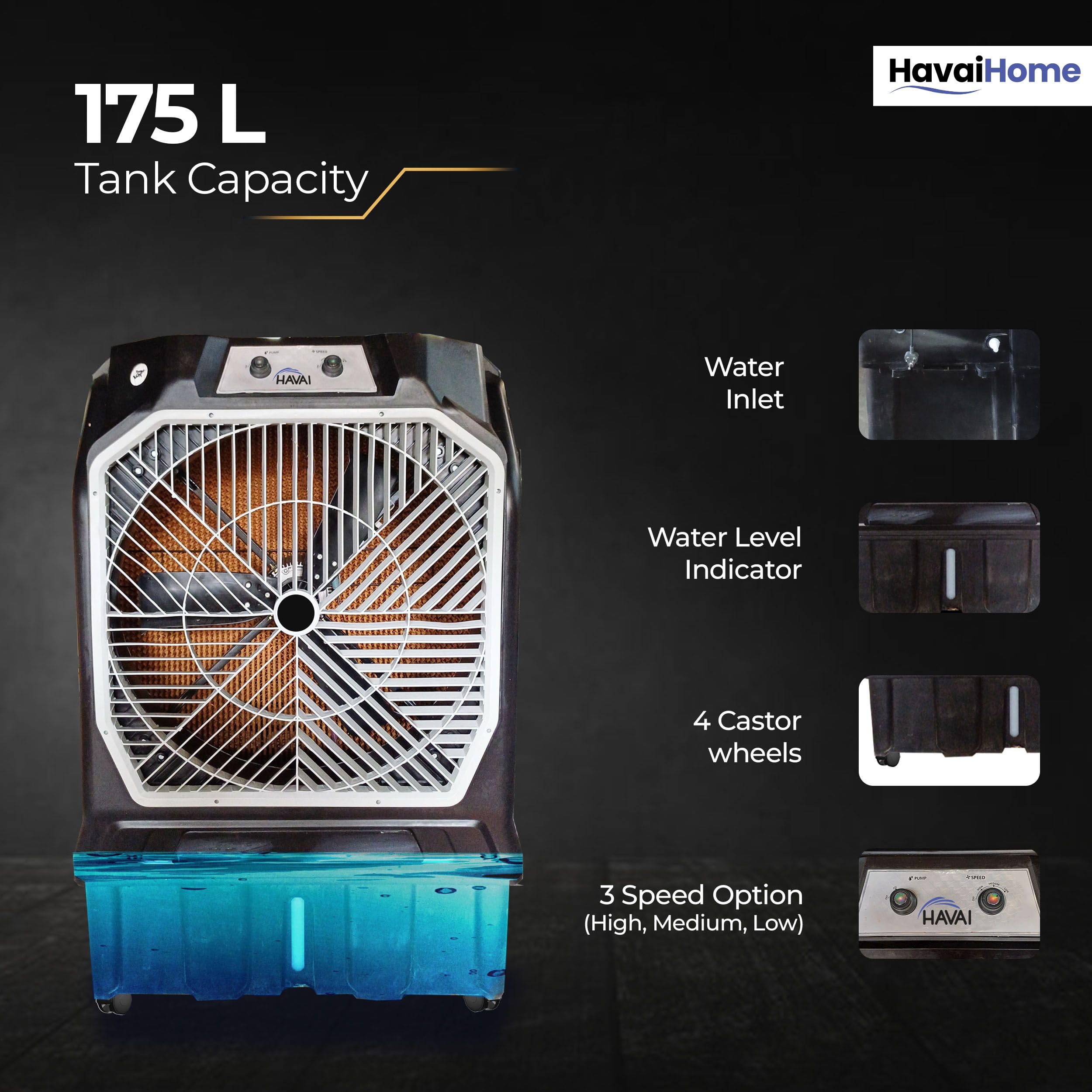 Havai Thunder 200 Tent Cooler | 30-Inch Heavy-Duty 3-Leaf Blade | 10,000 m³/hr Air Delivery | 175 Litre Water Tank | 550W Powerful Motor | Single-Phase Aluminium Winding Motor|1-Year Warranty) | 2
