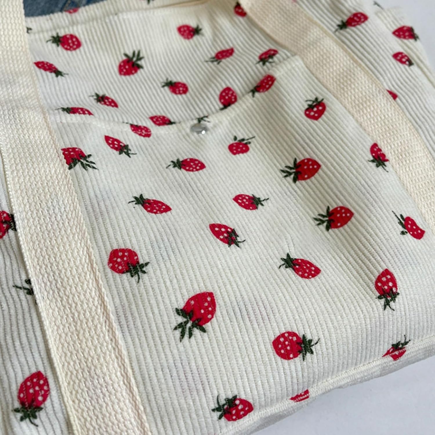 Cute Strawberry Shoulder Tote Bag Women 2025 Corduroy Book Handbag Square Purse Multiple Pockets College - Image 5
