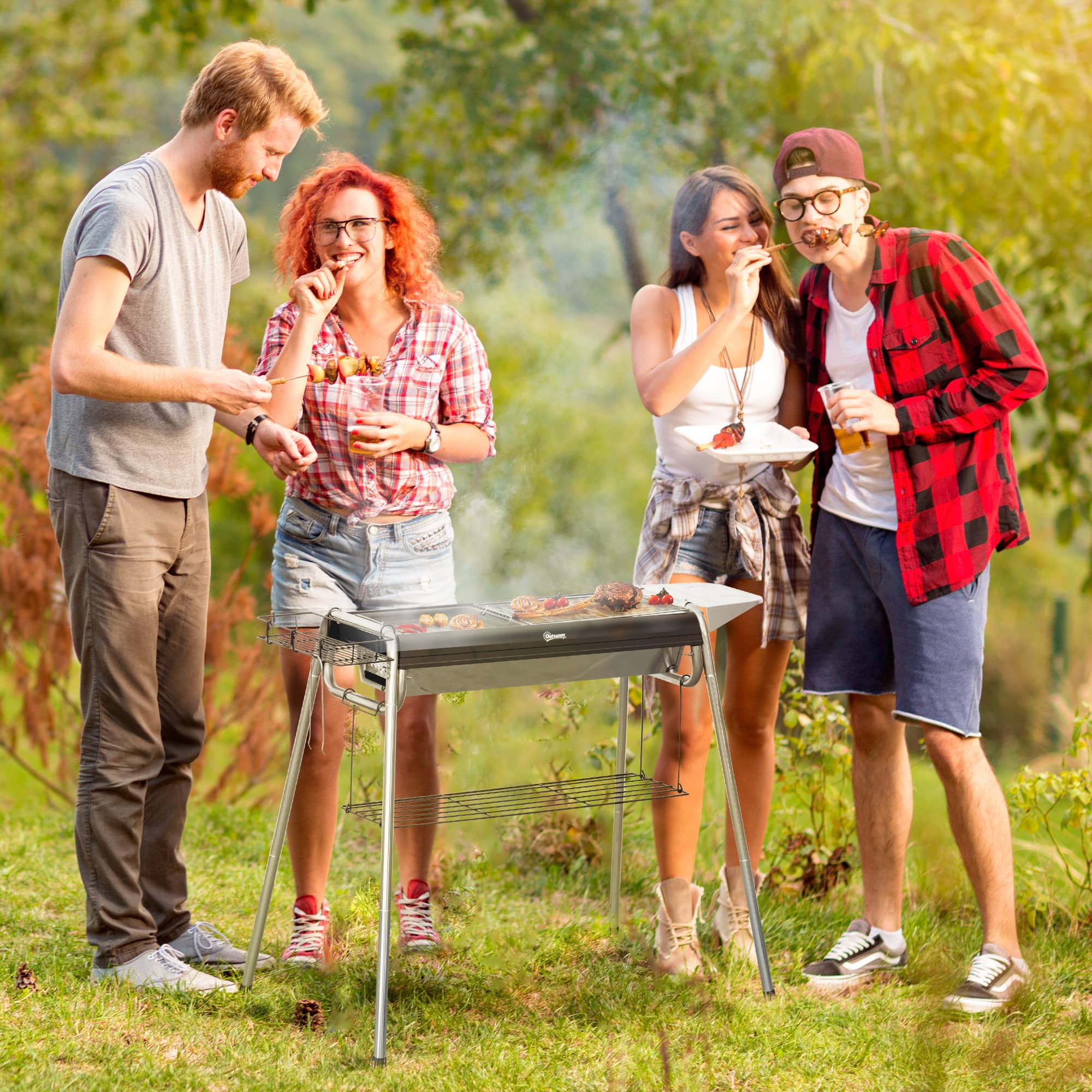 Outsunny Barbacoa de Carbón Barbacoa Portátil con Parrilla de Acero Inoxidable Bandeja Especiero y Estante de Almacenamiento para Jardín Camping 107x63x75 cm Negro