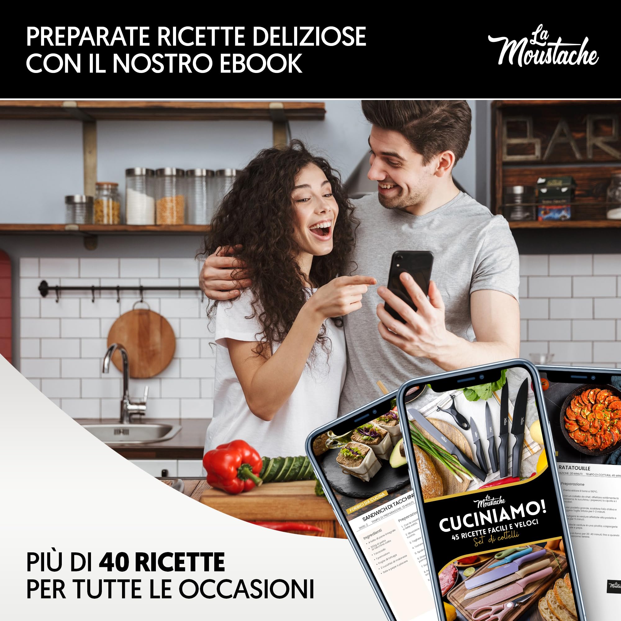 La Moustache - Set di Coltelli 7 Pezzi da Cucina Professionali, Inossidabile e Antiaderenti, Forbici, Pela Verdure, Coltelli da Chef per Pane e Carne, Ergonomici e Prova di Calore (Marmo)