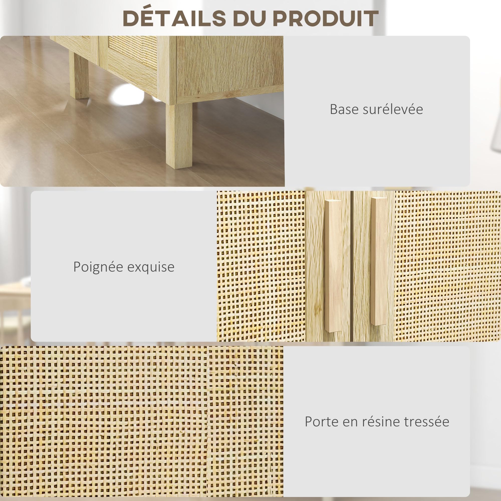 HOMCOM Meuble de Rangement Effet Cannage 73 x 41 x 102 cm Bois Naturel | Buffet Rotin, Placard à Portes, Étagères Réglables, Style Bohème, Armoire de Rangement, Salon Cuisine Chambre