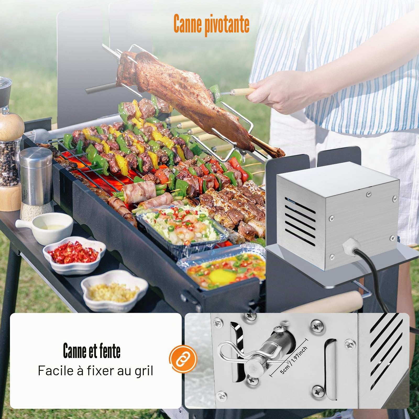 Moteur de barbecue en acier inoxydable 2,5 tr/min, pince à viande pour barbecue, couple max. 100 kg, tournebroche électrique, sens de rotation CW/CCW, accessoire de barbecue en acier