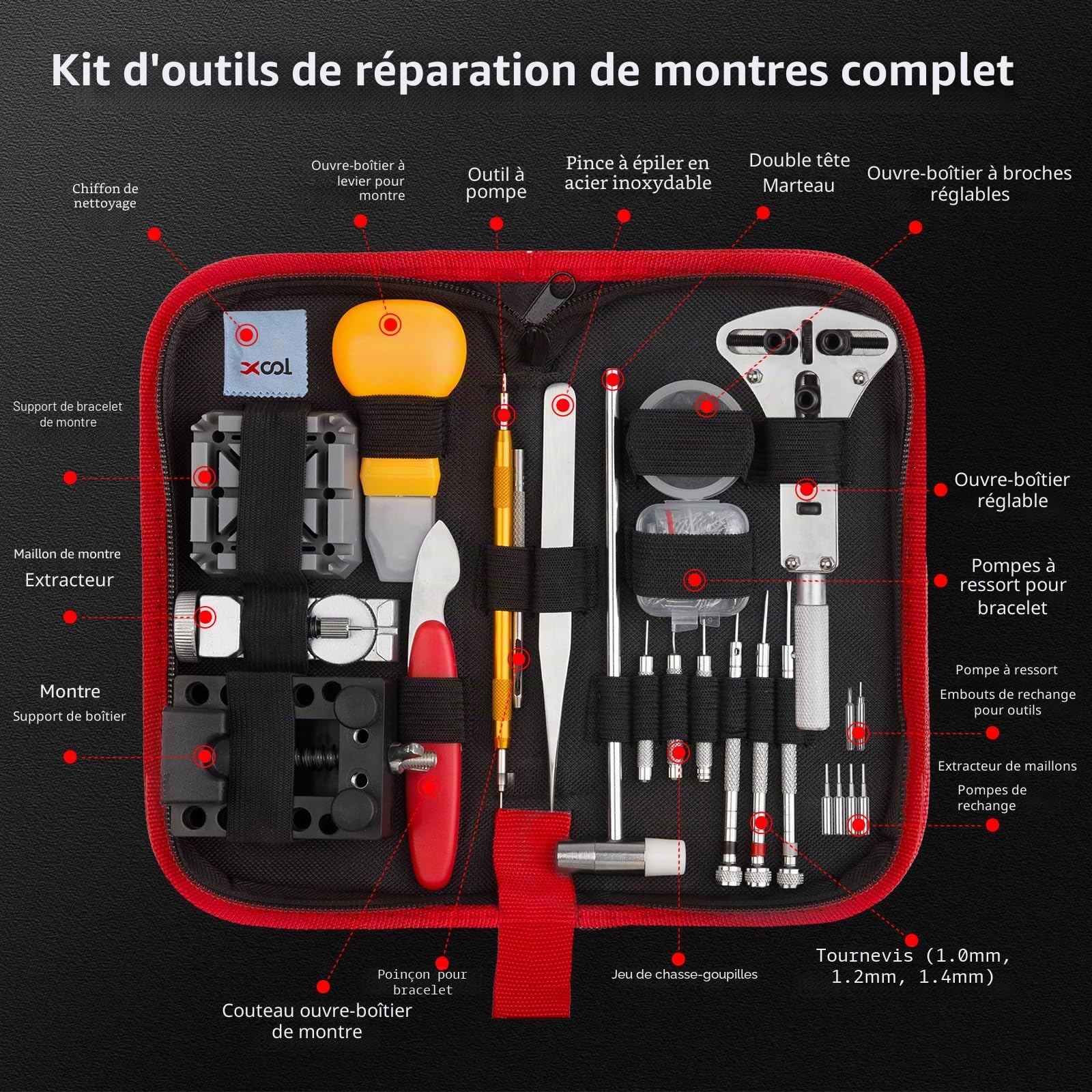 XOOL Kit de Réparation de Montres Professionnel 151 Pièces, Inclut Ouvre-boîtier Réglable, Poinçon pour Bracelet, Outil de Barre de Ressort, Détacheur de Maillons, Pince et Plus