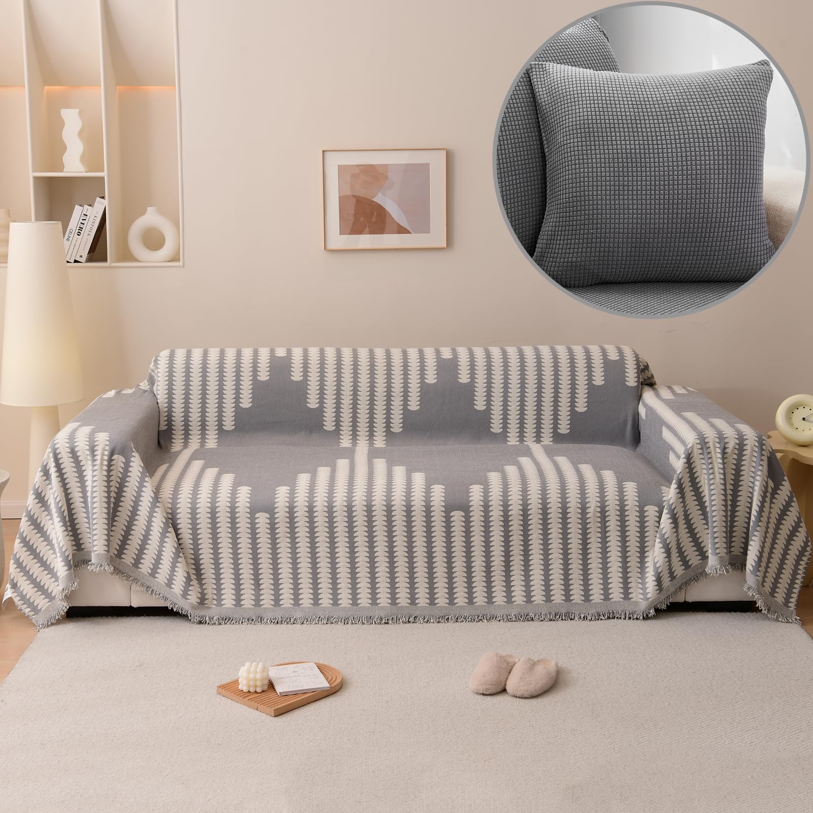 ele ELEOPTION Couch Cover Blankets for Sofa Backrest Futon Cover with Arms Jacquard Chenille SlipCover for Dog Cat Pet Furniture Protector with Tassel (71" x 134", Gray)