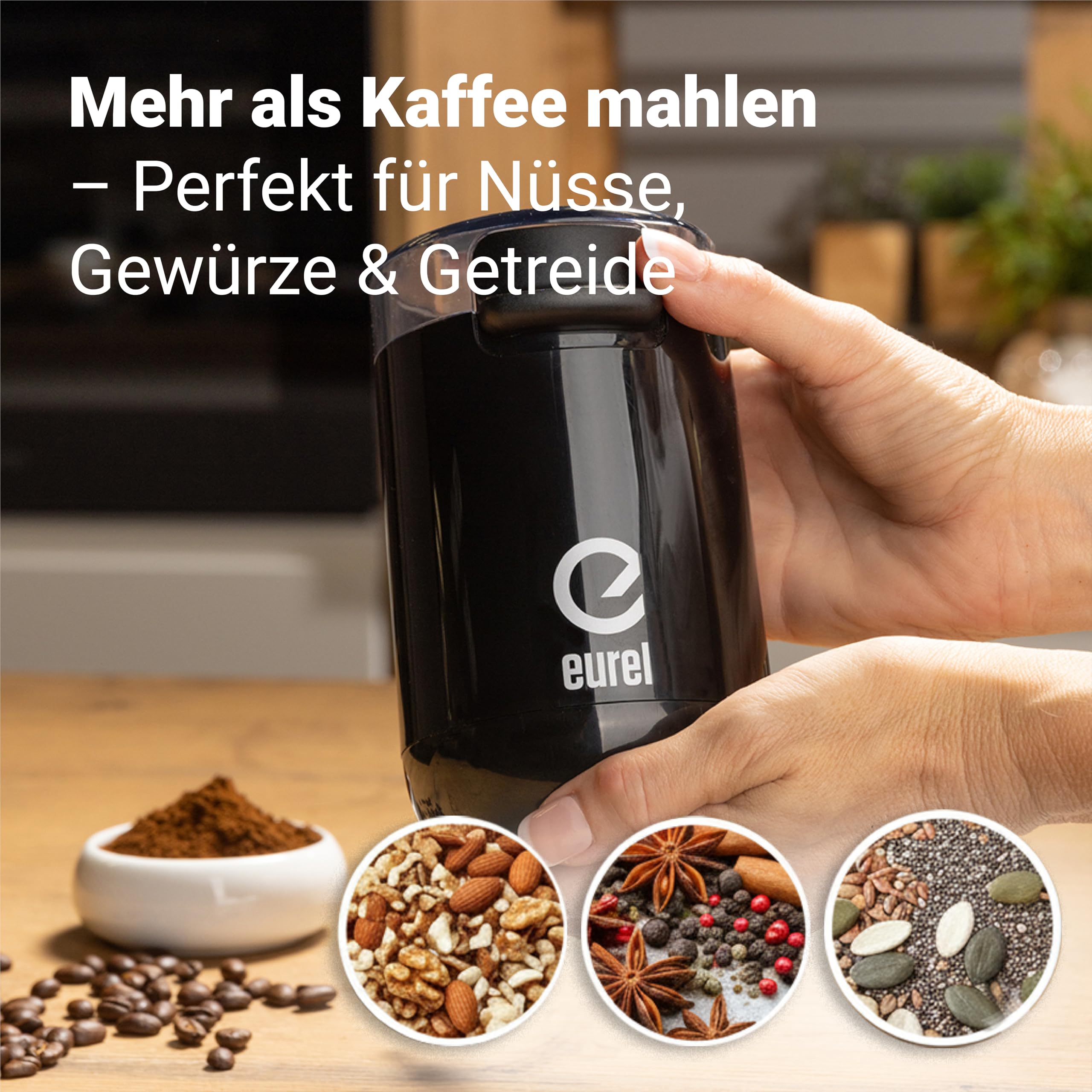 EUREL KMA Elektrische Kaffeemühle Schwarz – Coffee Grinder mit Edelstahl Mahlbehälter & Messer, Variable Mahlgrade, Kompaktes Design – 45g Kapazität