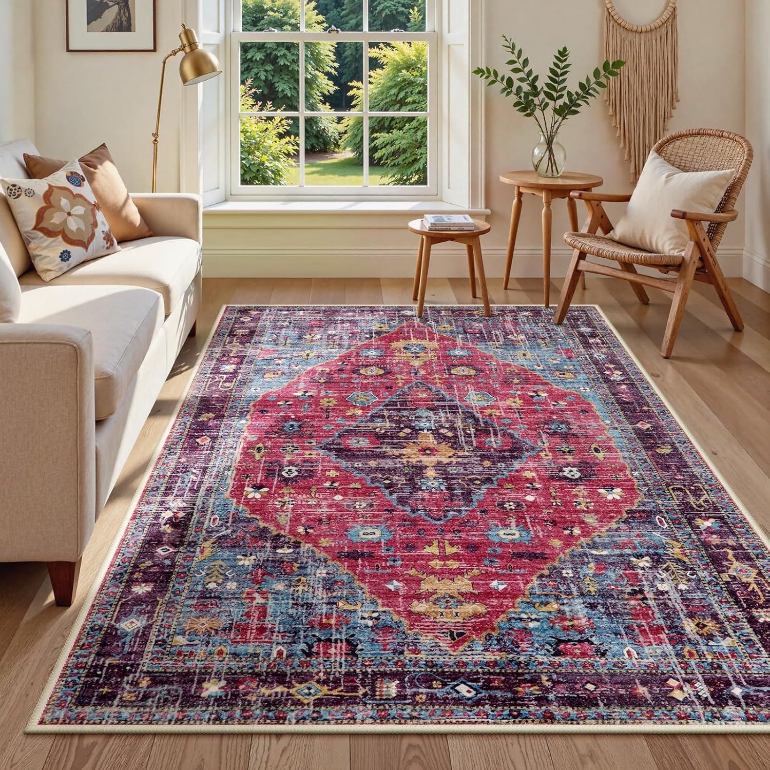 Grand tapis lavable vintage rouge bleu 200x240cm pour grand salon et salle à manger