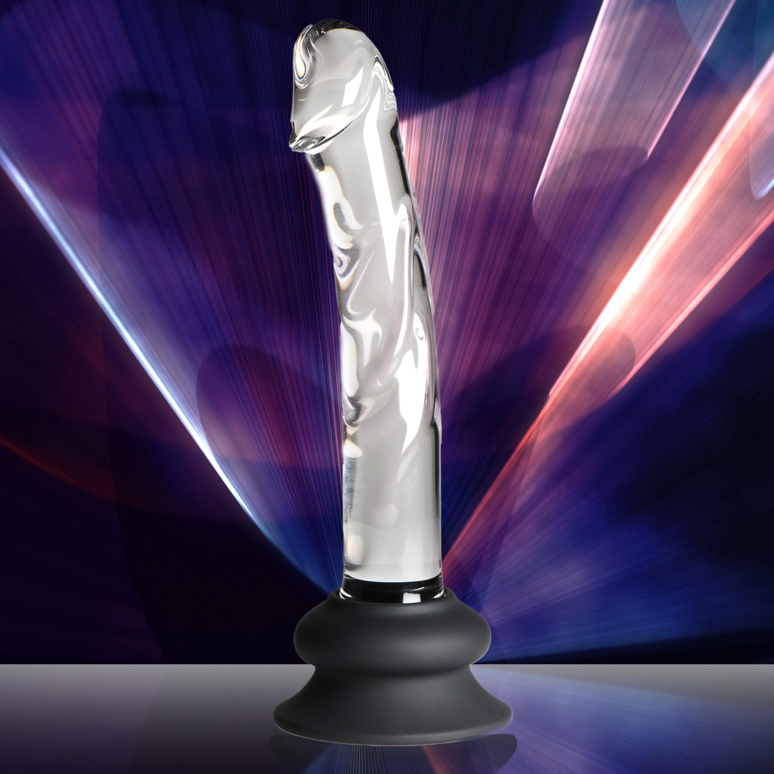 Pleasure Crystals 7" Glass Dildo with Silicone Base for Men, Women & Couples. Realistic Texture, Includes Removable Silicone Suction Cup, Ideal for Temperature Play. 2 Pieces, Clear.