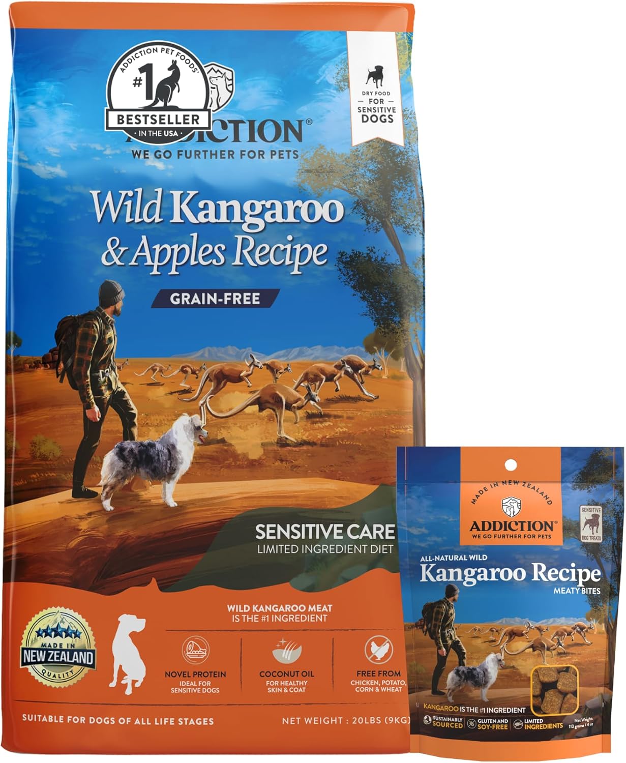 Addiction Wild Kangaroo & Apples Dry Dog Food 20 lb & Meaty Bites Dog Treats 4 oz Bundle - Grain-Free, Limited Ingredient, Novel Protein - Supports Weight Management