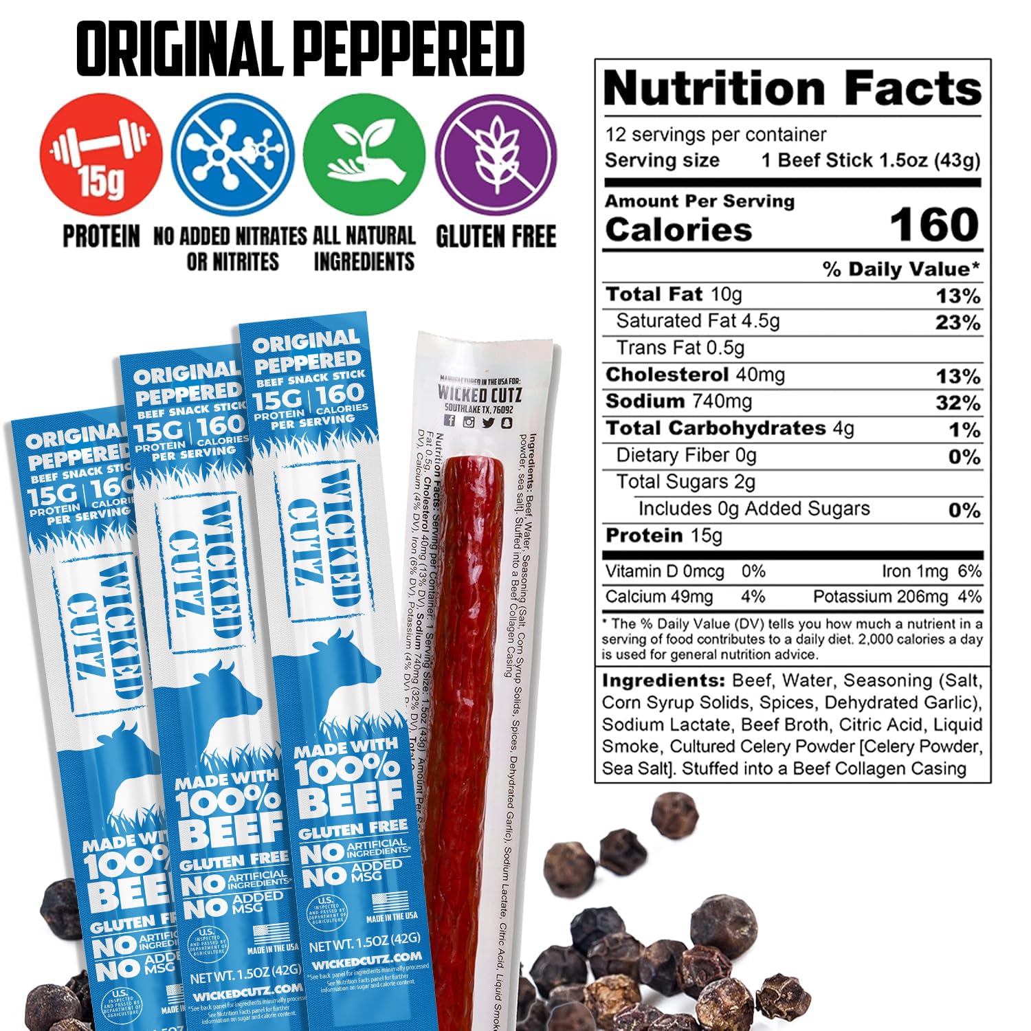 Original Peppered Beef Sticks, 15g Protein Per Beef Stick, Tender & Juicy Extra Large Meat Stick, USA Made High Protein Meat Sticks, Carnivore Snacks (12 Pack)