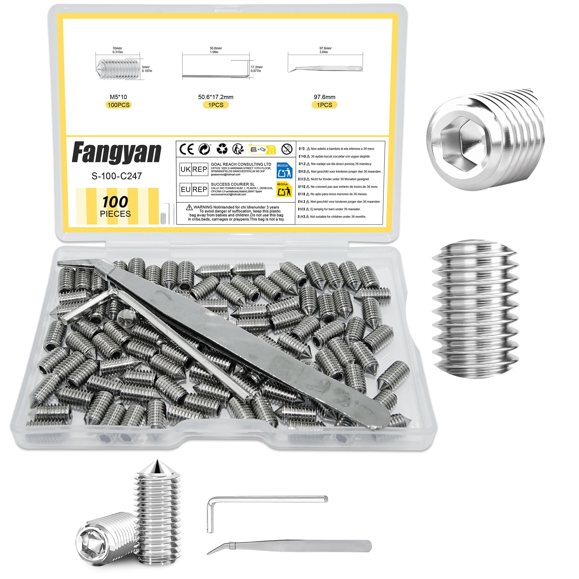 Fangyan 100Pcs M5 x 10mm Cone Point Grub Screws, Stainless Steel Hex Socket Set Screws with Allen Key & Pick Tool for Machinery Fastening Fixing