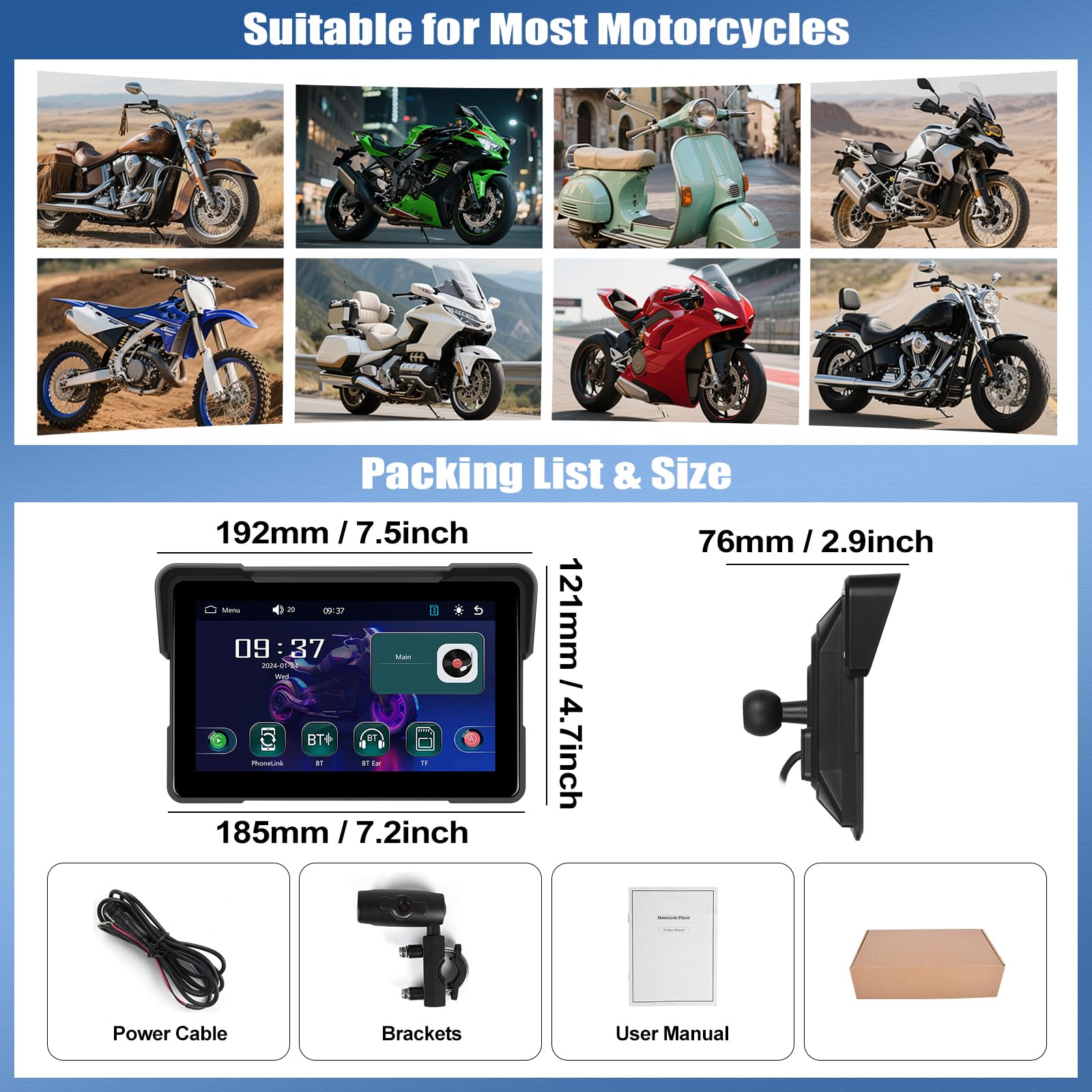 CAMECHO 2025 Moto Wireless CarPlay y Android Auto Inalámbrico, Pantalla carplay Moto 7" HD IP68 Impermeablepara Motocicletas con navegación/Bluetooth/EQ/Mirrorlink