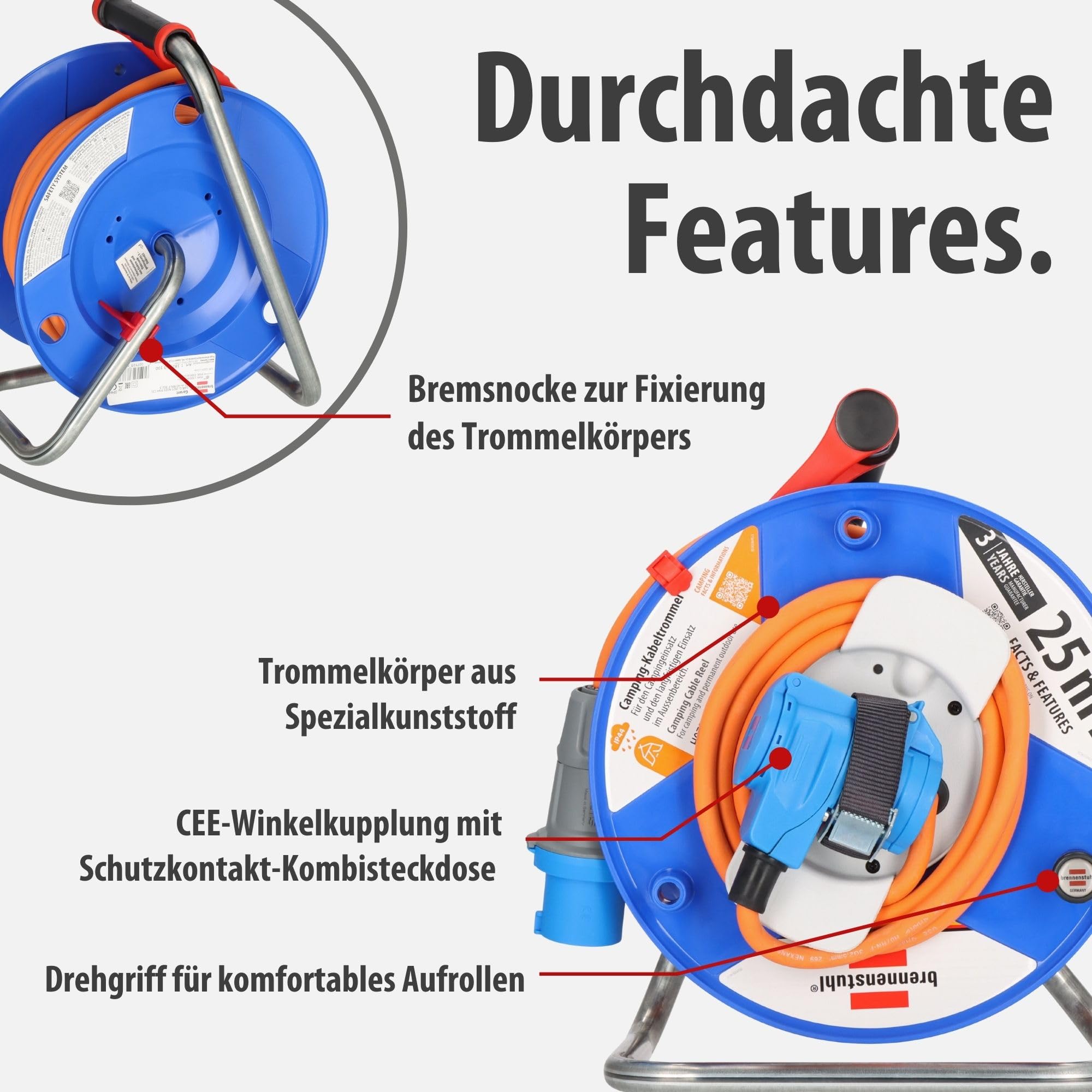Brennenstuhl Camping-Kabeltrommel 25m, 230V,(H07RN-F 3G2,5 in orange, CEE-Winkelkupplung inkl. Schutzkontakt-Kombisteckdose, für den ständigen Einsatz außen IP44, Made in Germany)