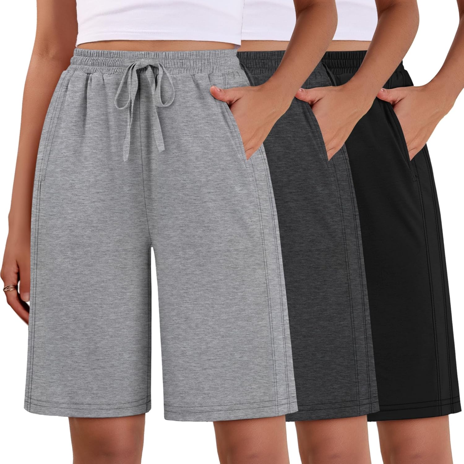 3 Pack Women's Bermuda Shorts Summer Drawstring Elastic Waisted Comfy Casual Sweat Long Shorts