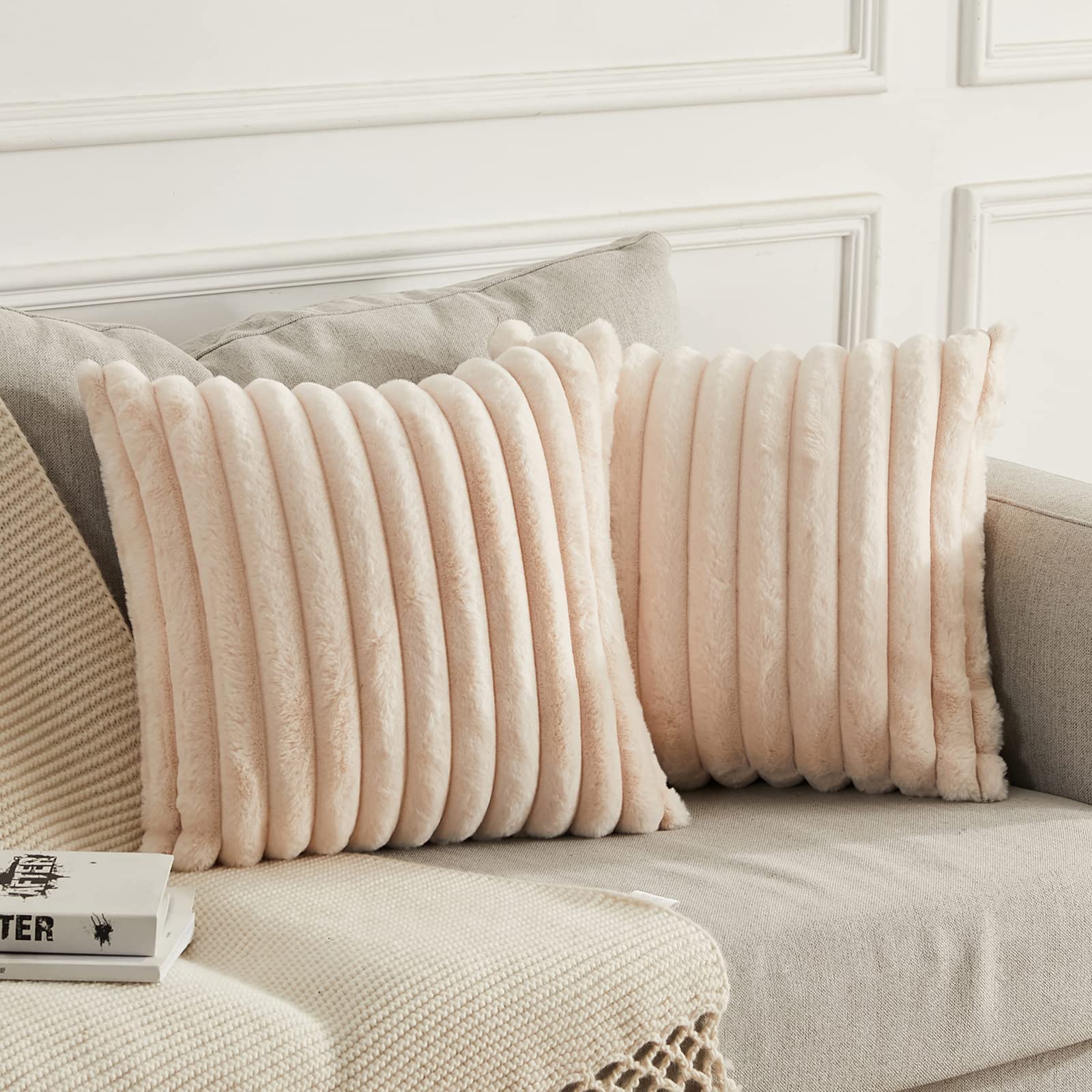 Joyouth Beige Pack Of 2,Double-Sided Faux Fur Plush Decorative Throw Pillow Covers Fuzzy Striped Soft Pillowcase Cushion Covers For Sofa Couch Bedroom 18X18 Inch
