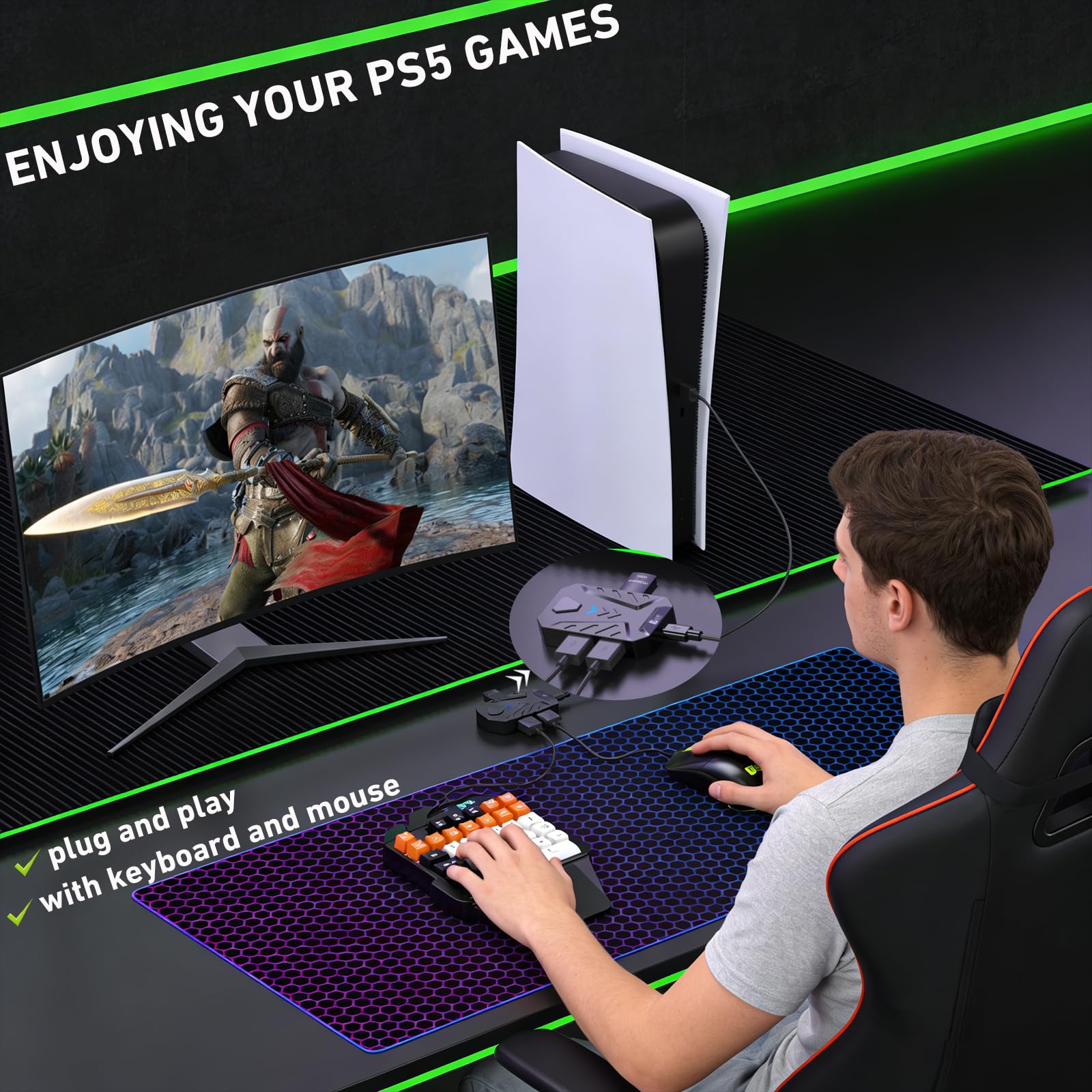 Megadream Convertidor de teclado y mouse para PS5/P5 Slim/PS5 Pro con adaptador general P5, retraso ultra bajo de 1000 Hz, soporta ajustar la sensibilidad del mouse, cambiar la tecla predeterminada