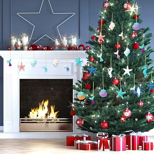 Miniatura 4 de Yerliker 36 adornos de Navidad costeros de sirena, playa, adornos para árbol de Navidad, diseño de estrella de mar con temática oceánica, conchas de