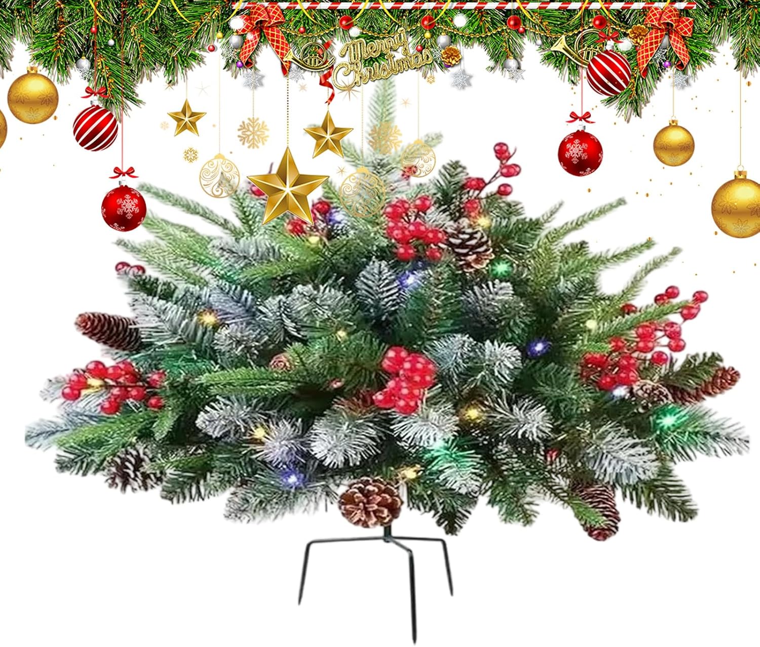 Prelit Artificial Christmas Tree Urn Filler | Christmas Tree Urn Filler with 60 Led Lights | Battery Powered Holiday Decor for Mantel Driveway Yard Entryway Garden Patio Indoor