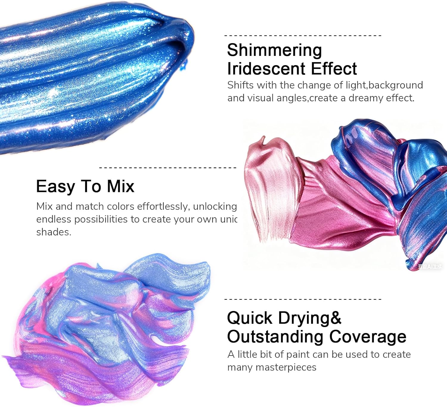 ABEIER Iridescent Acrylic Paint, Set of 20 Chameleon Colors, 8.45 oz/250ml Large Bulk Bottles, Color-shifting, Non-Toxic, High Viscosity, Blendable, Paints on Rocks Crafts Canvas Wood, Fabric, Ceramic & Stone