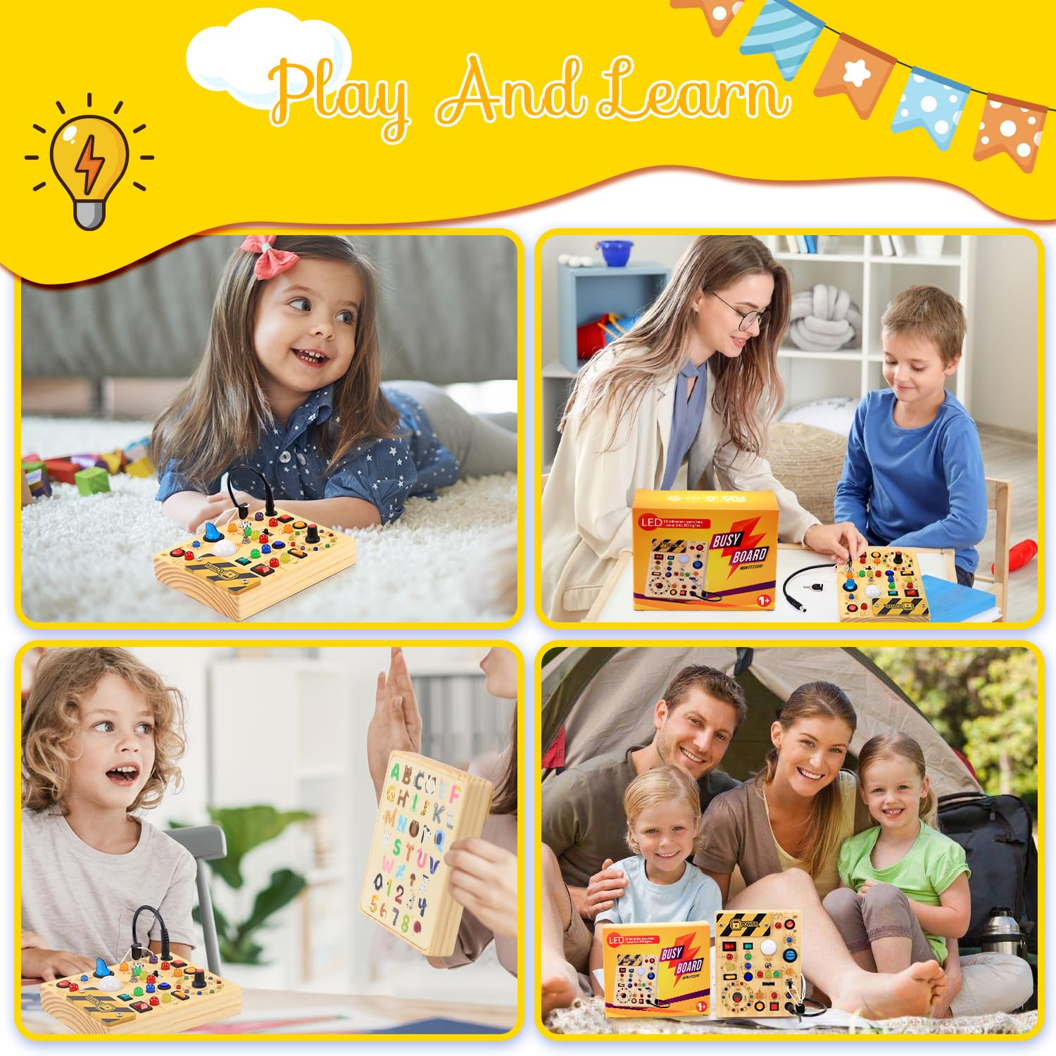 Busy Board Toddler Toys Montessori Toys for 1-3 Year Old Boy Girl Birthday Gift for Grandkids, 37 in 1 LED Light Up Sensory Wooden Montessori Switch Board Toy - Learn and Travel (6.7 x 5.3) 6