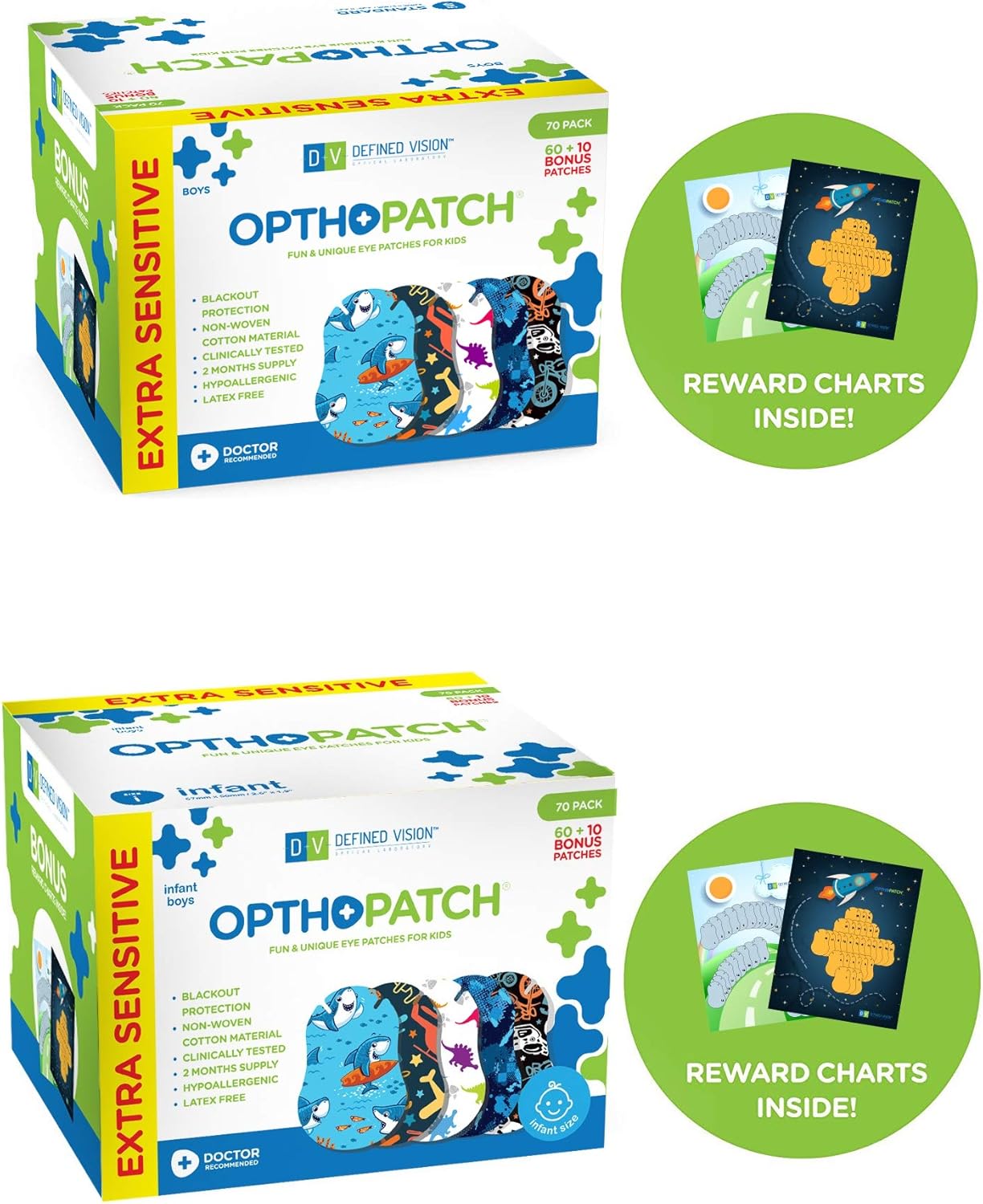 OPTHOPATCH Eye Patches for Kids and Infants - Fun Boys Design - 60 + 10 Bonus Latex Free Hypoallergenic Cotton Extra Sensitive Adhesive Bandages for Amblyopia & Lazy Eye -1 Reward Chart Posters