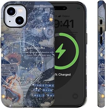 for iPhone 15 Plus Case Space Planet Stars Moon Design for Women Men Compatible with MagSafe Dual-Layer Hard Shell TPU PC Aesthetic Trend Shockproof Heavy Duty Protective Phone Case Navy Blue