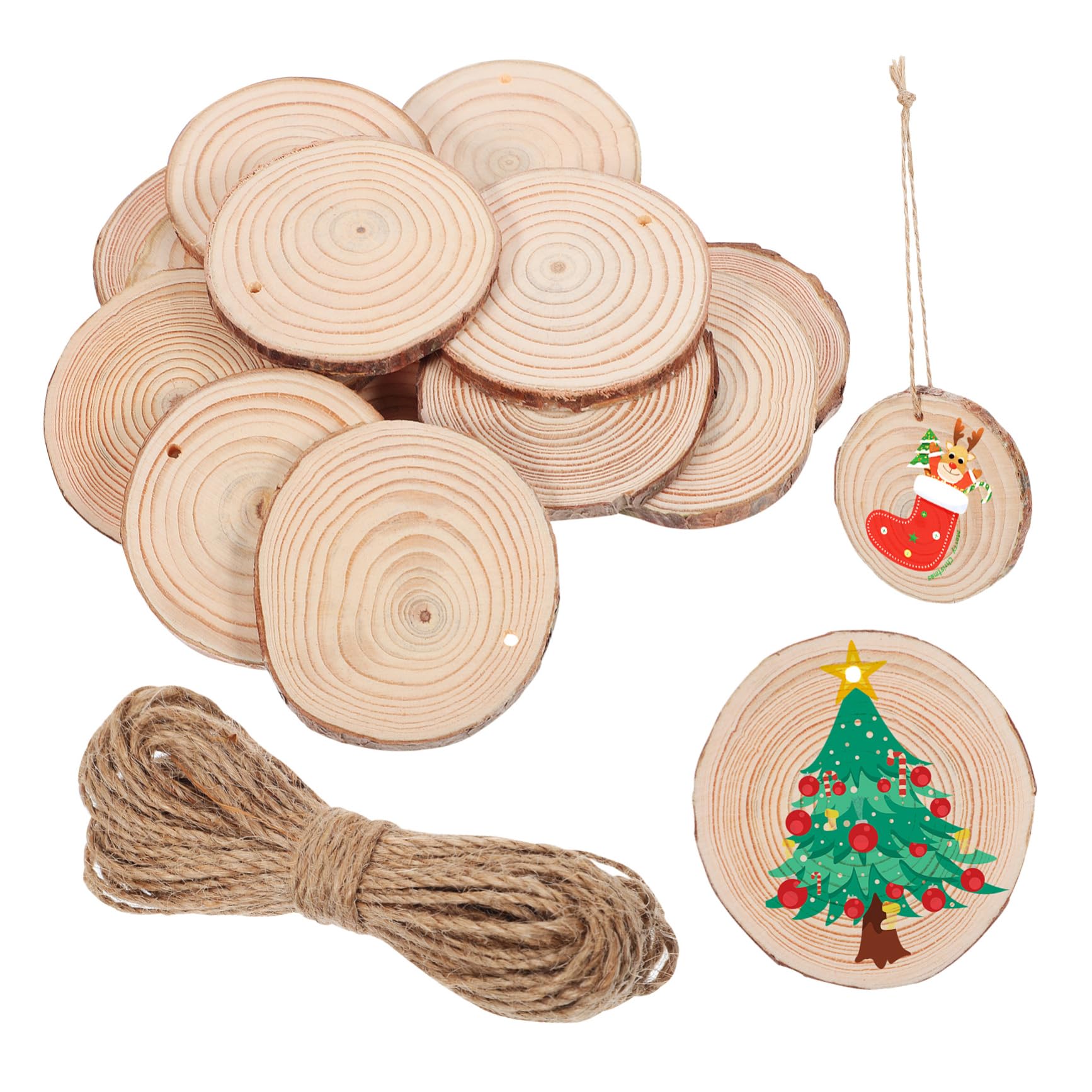 Unbehandelte Runde Holzscheiben 50 Stück mit Bohrung für Bastelprojekte | Holz, Braun, Rustikal Natürliche Optik, Inklusive 10m Jutegarn, für Weihnachten und Shops
