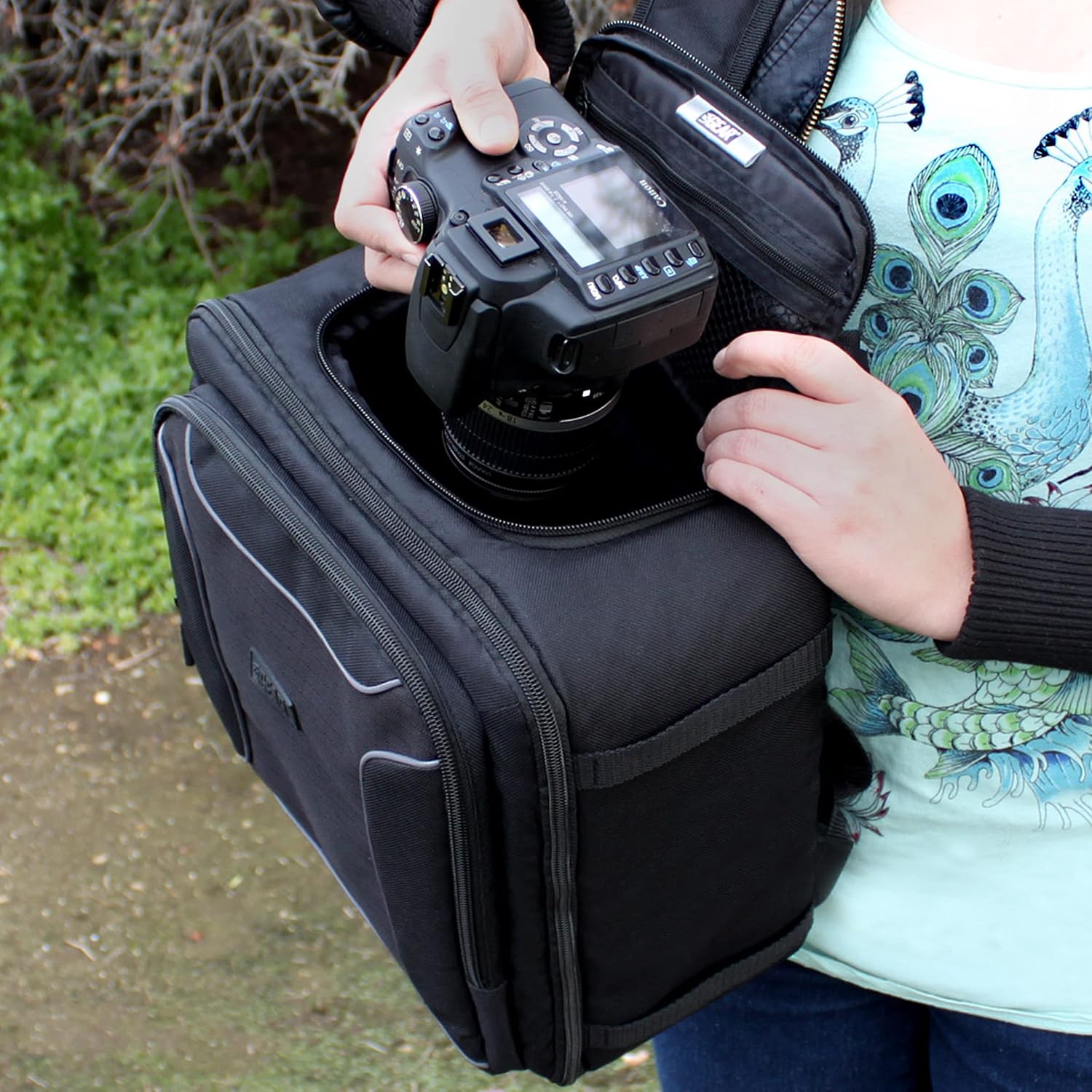 USA GEAR Camera Backpack - DSLR Case with Storage Dividers , Accessory Pockets and Waterproof Rain Cover - Compatible with Canon, Nikon, Sony, Olympus and More Standard DSLR Cameras