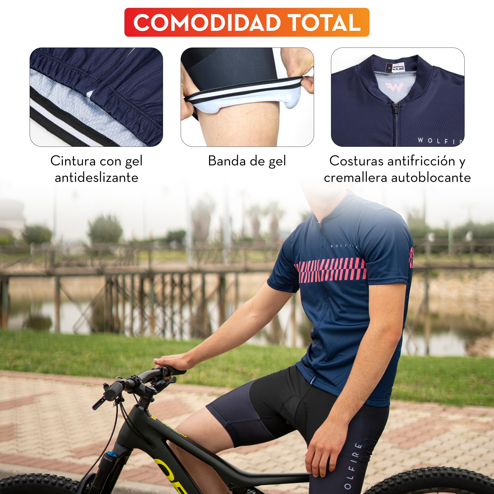 WOLFIRE Ropa Ciclismo Hombre con Gel Pad Bib Acolchado, Maillot y Culot MTB para Verano