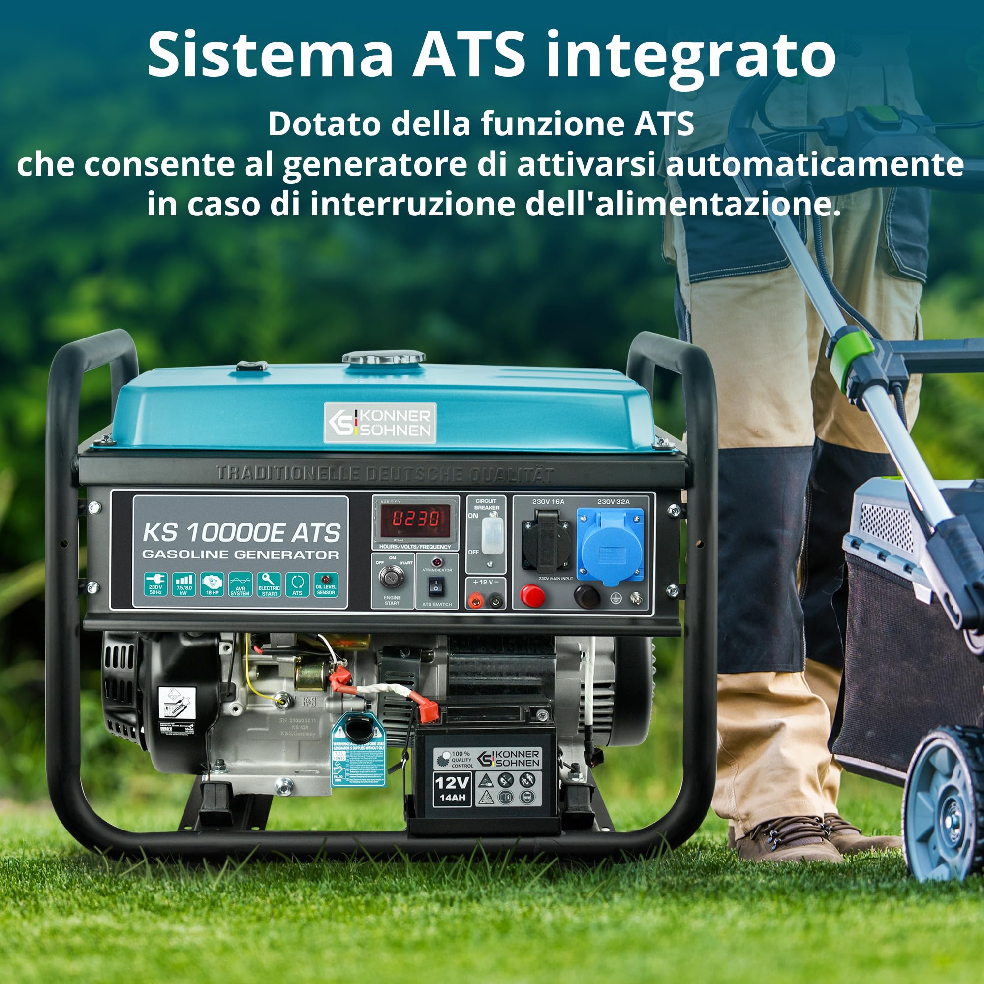 Generatore di corrente Könner & Söhnen KS 10000E ATS - generatore benzina Motore 4 tempi con avviamento elettrico, regolatore automatico di tensione 230V, alimentazione automatica di emergenza, 8KW