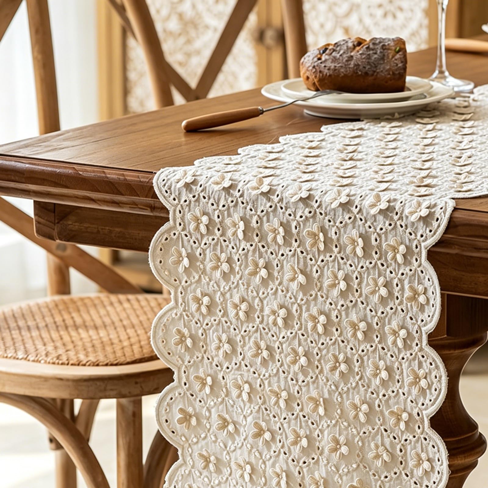 Pure Cotton Floral Table Runner,Embroidered Table Runner With Tassels,French Country Style,Suitable for Dining Tables, Weddings, and Farmhouse Home Decor(L300cm/118.1in)