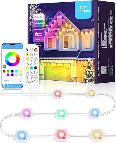 Luces permanentes para exteriores, 50 pies RGB y aleros blancos con 30 luces LED, aplicacióncontrol remoto, IP65 impermeable, cadena de luces de
