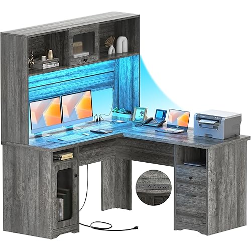 Unikito L Shaped Desk with Drawers and Hutch, Large Office Desk with Power Outlet and LED Lights, 60 Inch Modern Corner Computer Table with File Cabinets, Sturdy 2 Person Home Office Desk, Black Oak