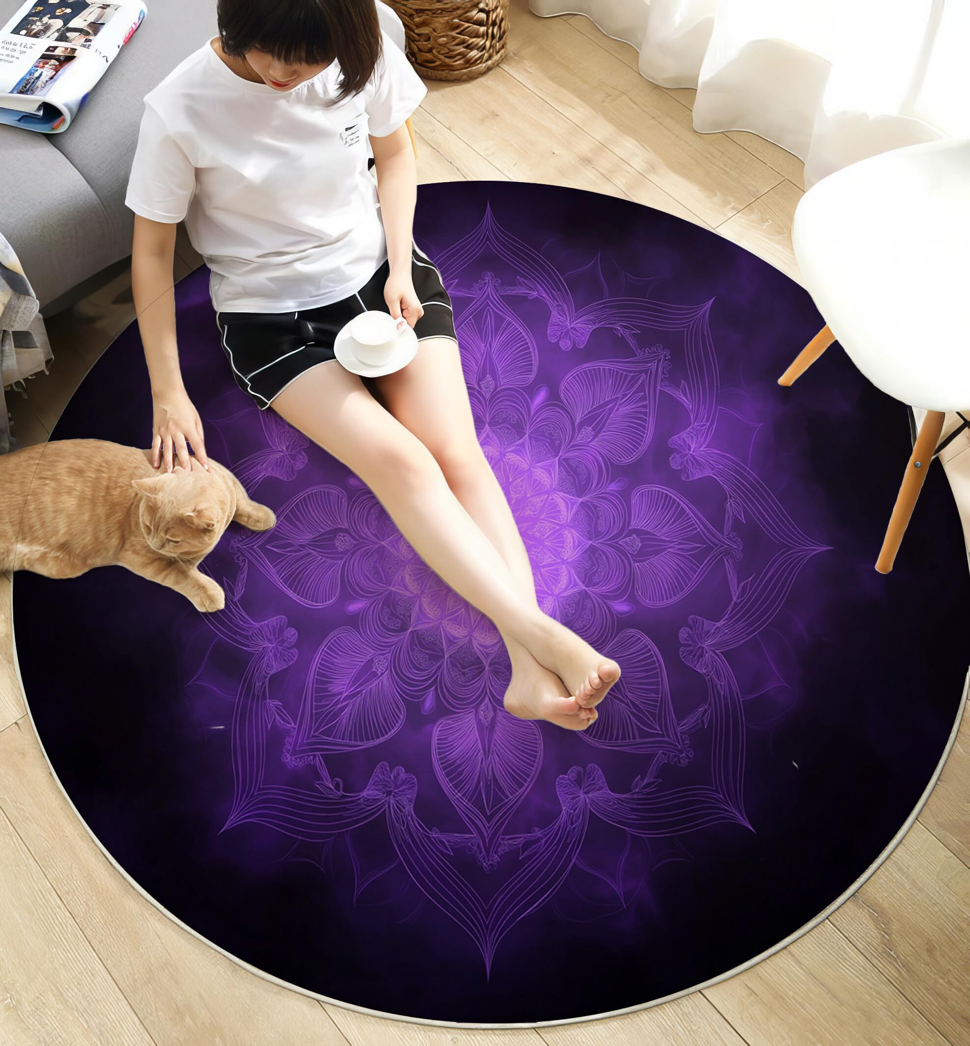 Rond Tapis Salon Violet Moquette 3D Mandala À Paillettes Chambre De Décoration Poil Ras Lavable en Machine Paillasson Plantes Psychédéliques Antidérapant Salle A Manger Chambre Adulte,100Cm