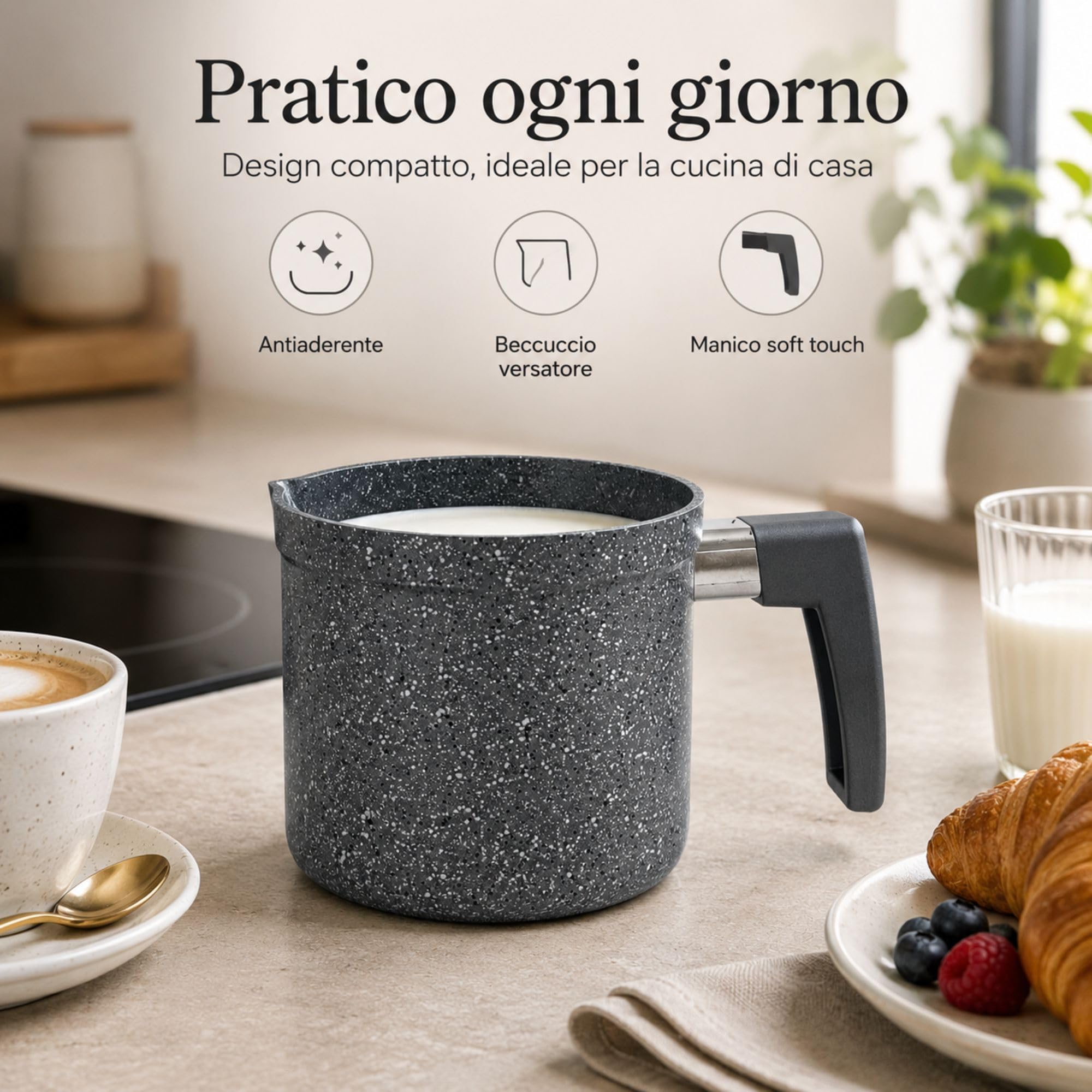 NAMAI - Bollilatte Antiaderente 11 CM Ø, Alluminio Resistente, Manico Ergonomico, Effetto Pietra, Pratico e Resistente, No Induzione, Pentolino Latte