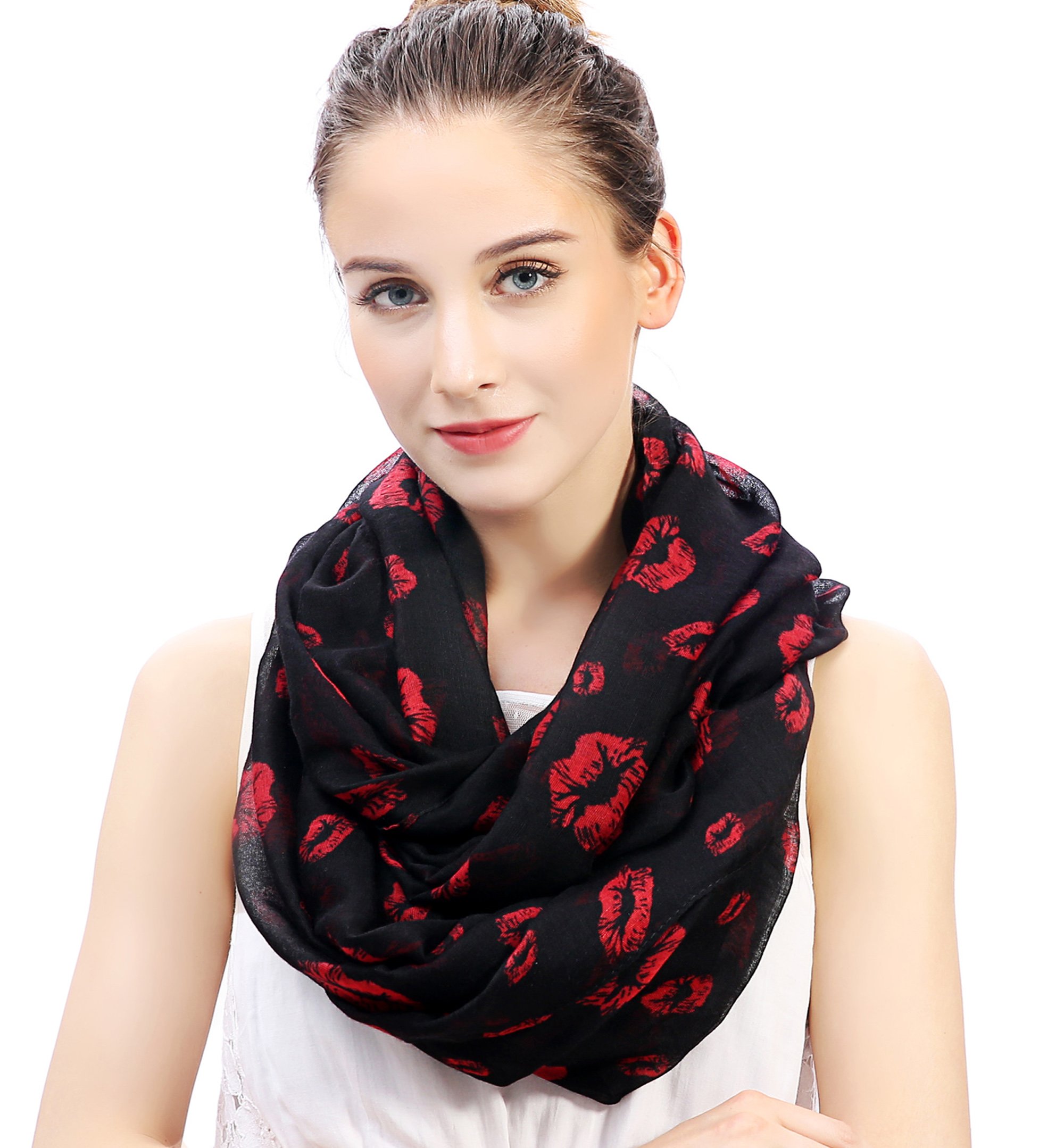 Lina & Lily Lips Print Lightweight Snood Scarf (Black)